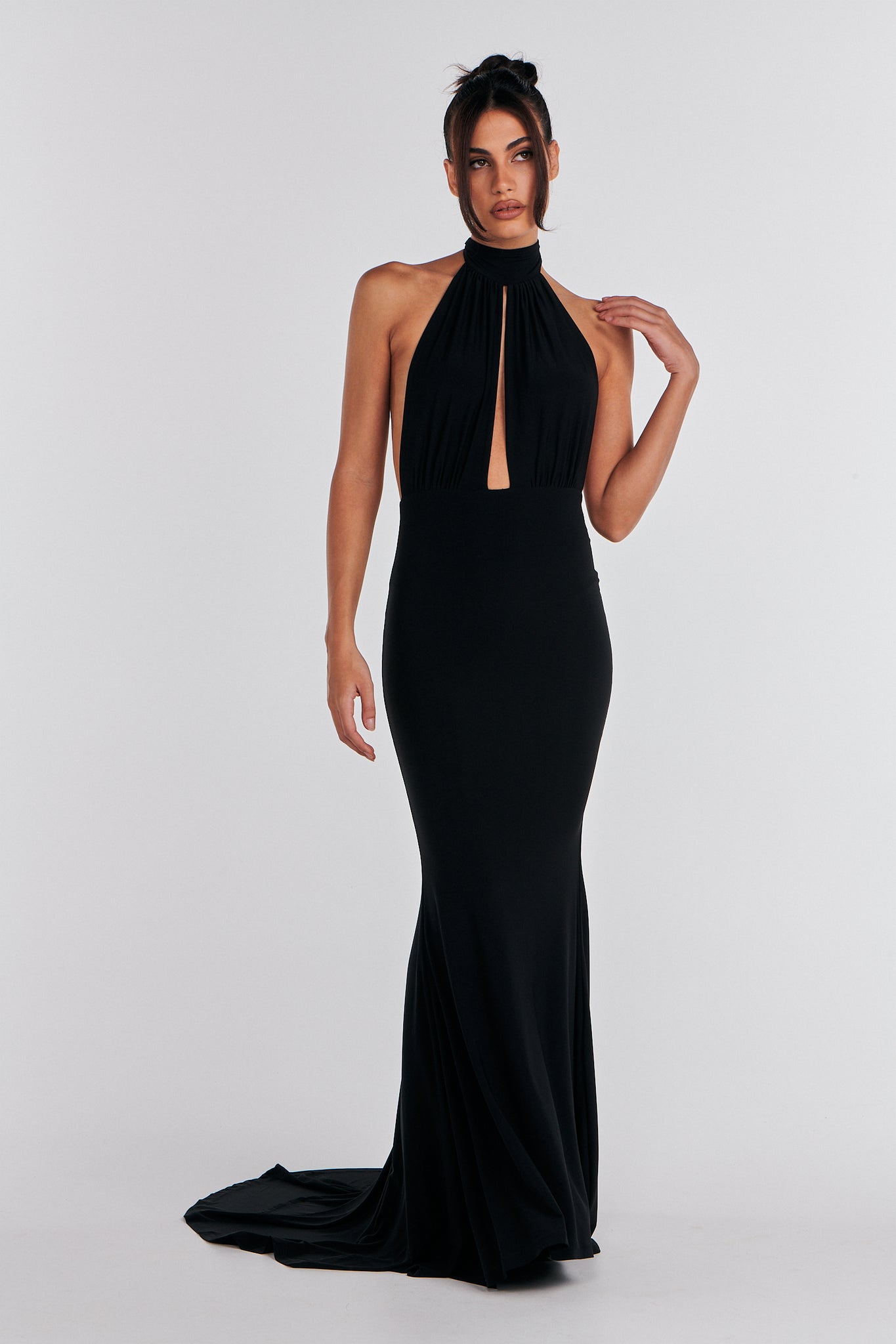 Black backless evening gown hotsell