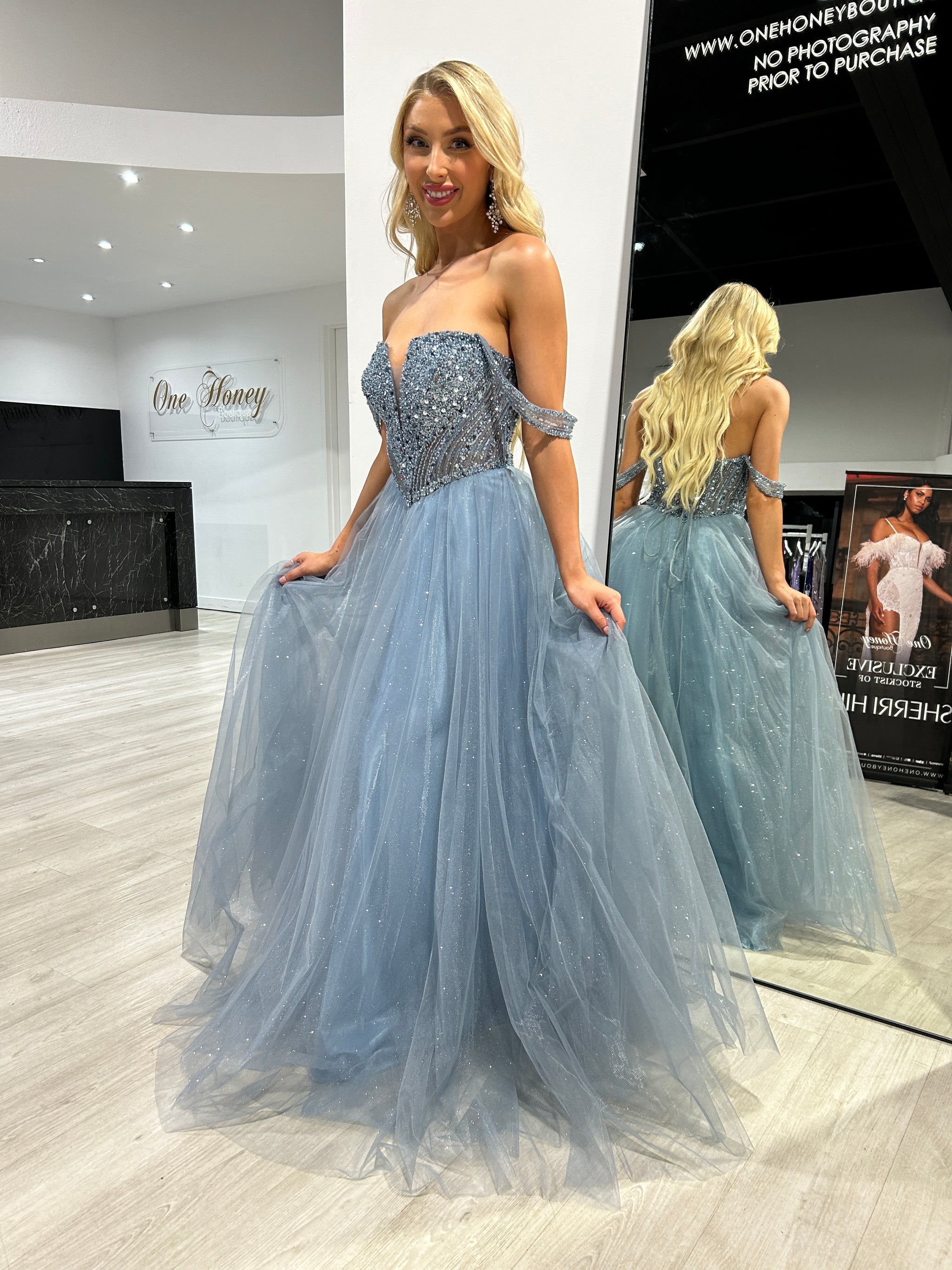 Honey Couture REYA Sky Blue Tulle Corset Back A Line Formal Dress