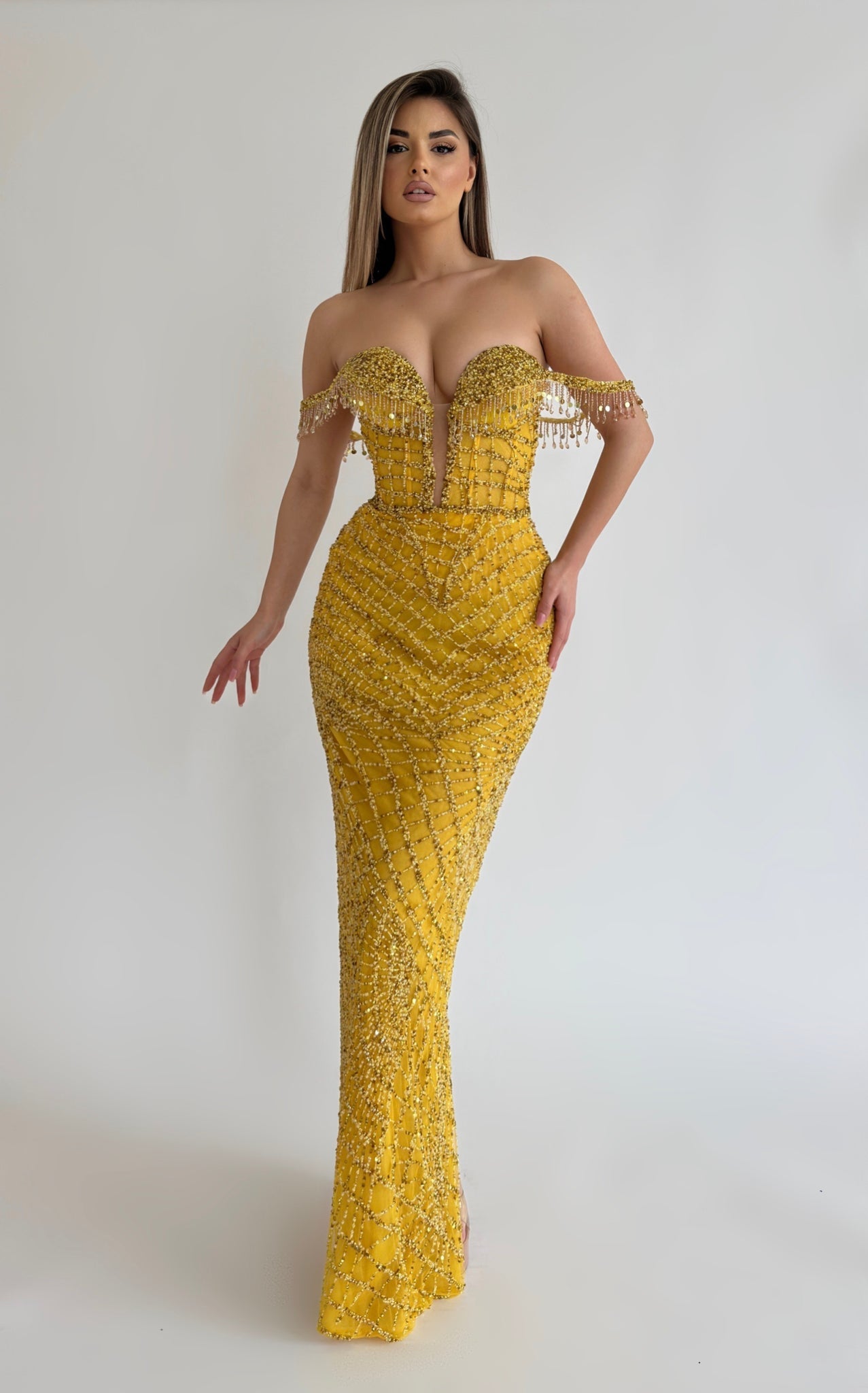 Yellow sales beaded dress