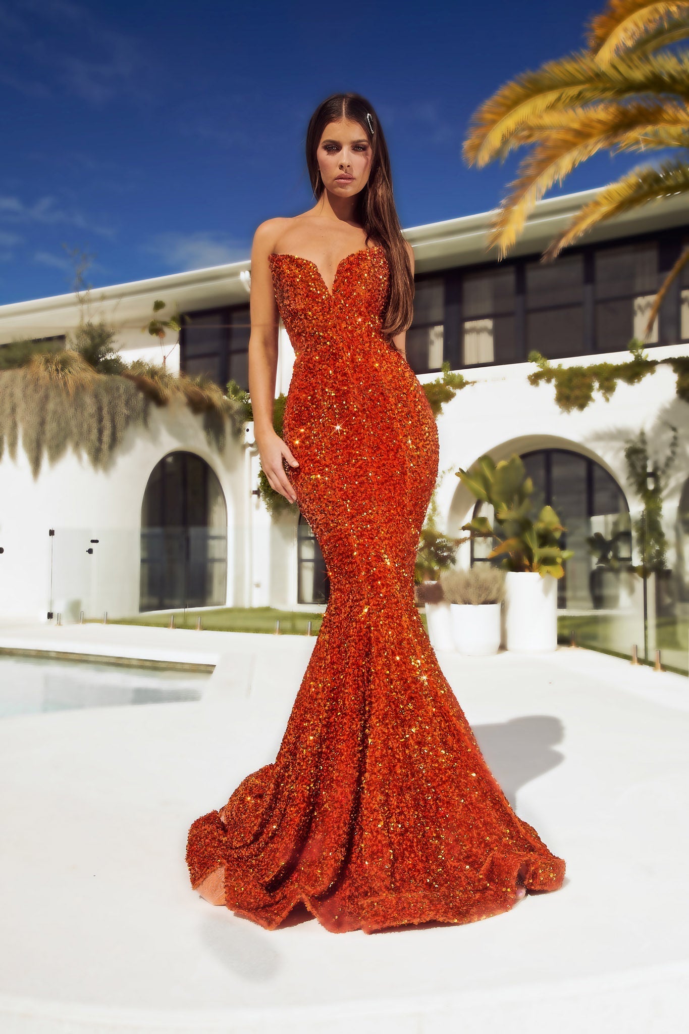 Portia Scarlett PS21208 Burnt Orange Strapless Sequin Mermaid Formal Gown