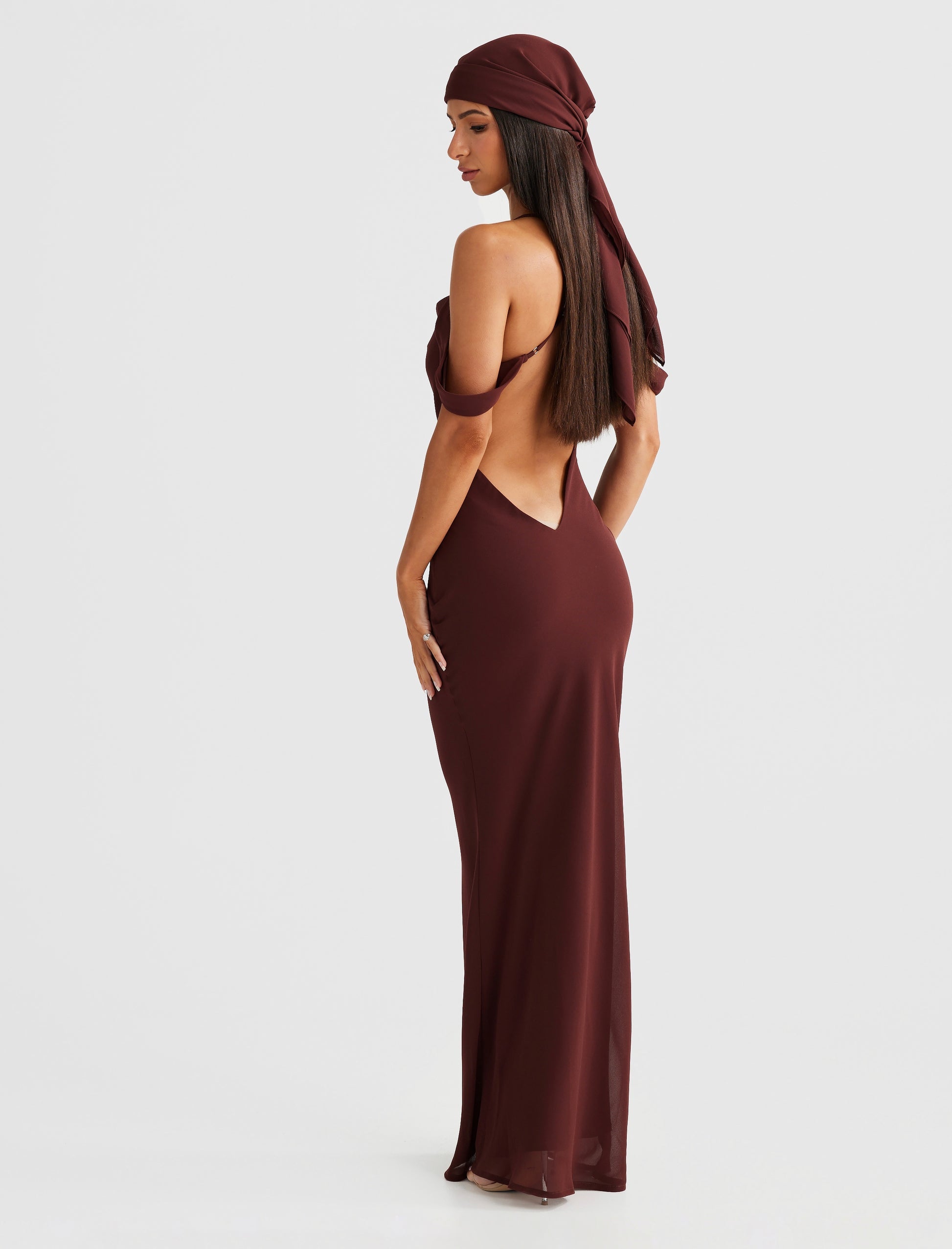 M LANI The Label VIENNA Brown Low Back Chiffon Maxi Dress