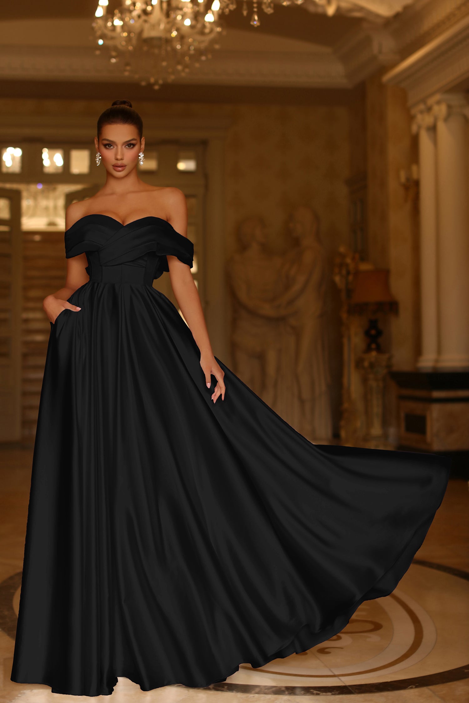 Tina Holly Couture TE207 Black Satin Off The Shoulder A Line Formal Dr