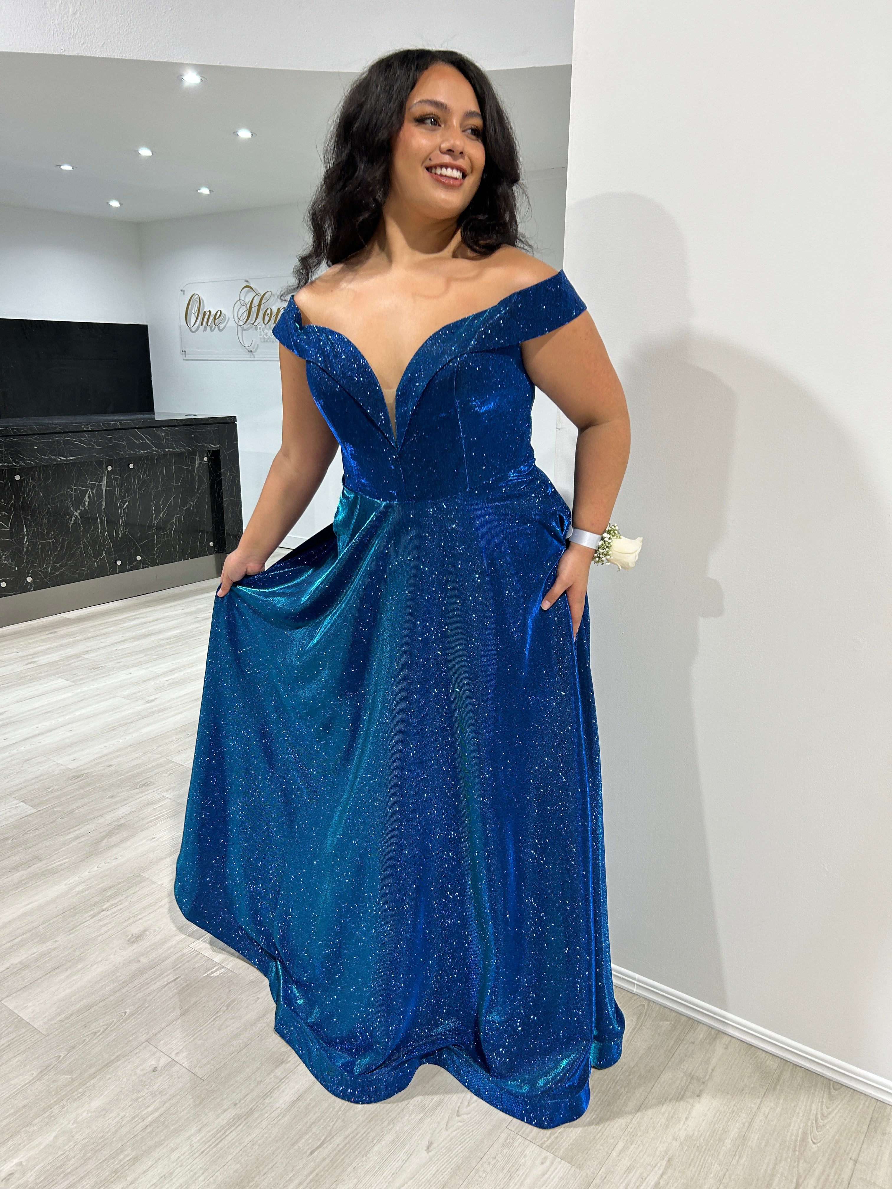 Honey Couture REBEL Blue Glitter Off The Shoulder A Line Formal