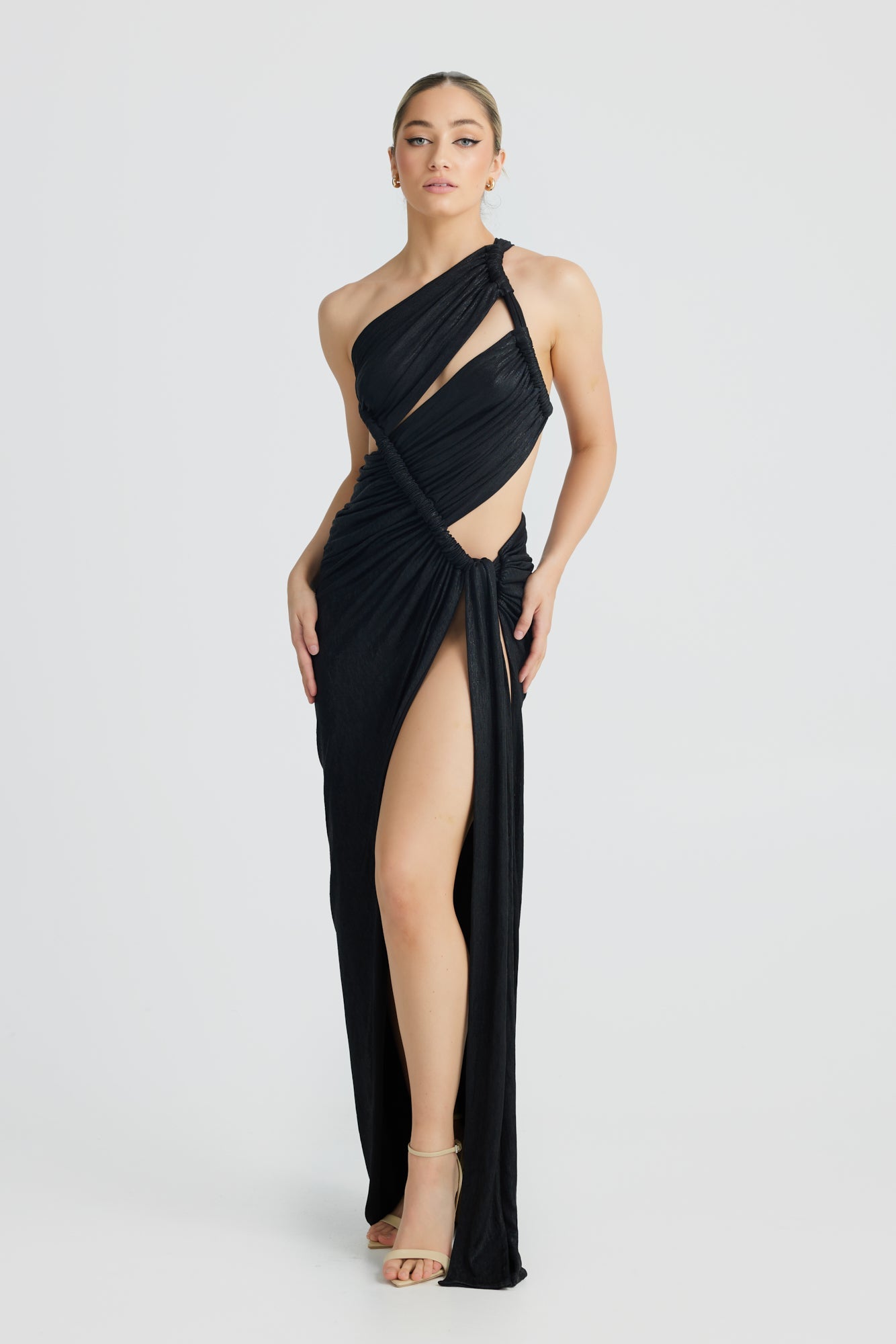 M LANI The Label APHRODITE Black Metallic One Shoulder Formal Dress