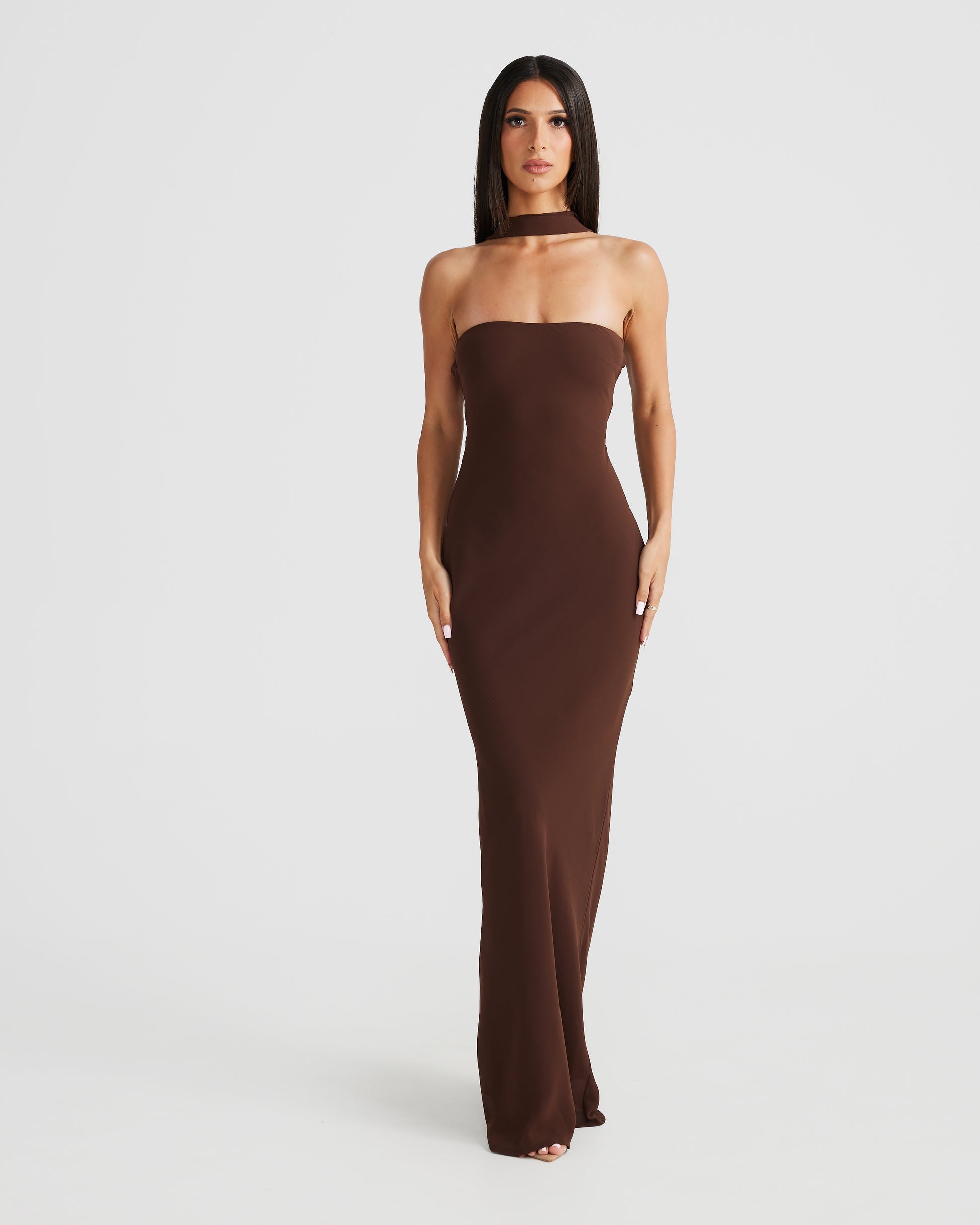 M LANI The Label VIKTORIA Brown Strapless Chiffon Backless Dress