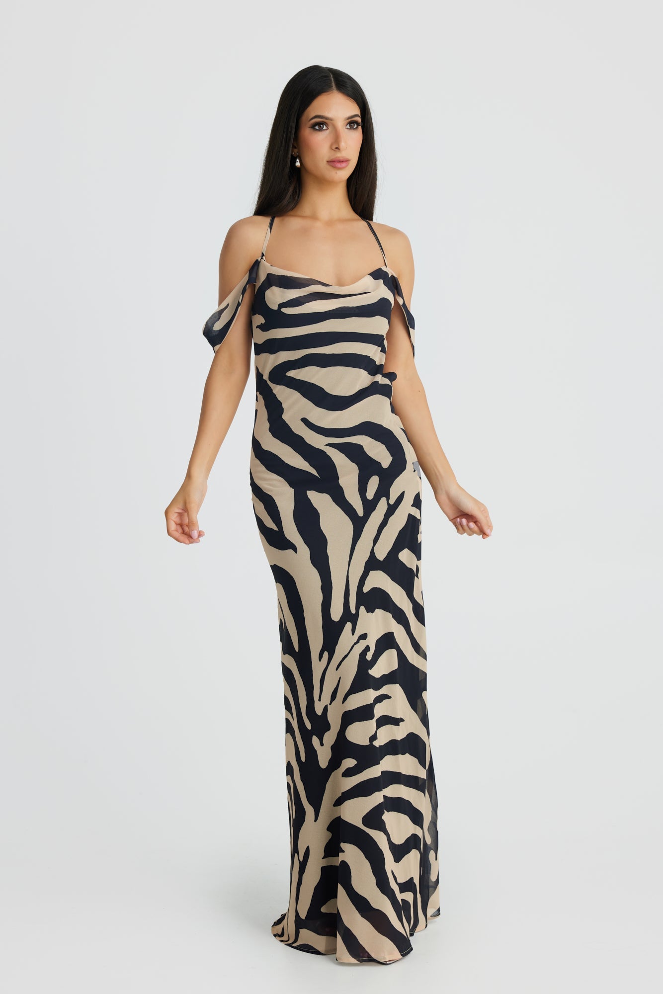 M LANI The Label VIENNA Zebra Low Back Chiffon Maxi Dress