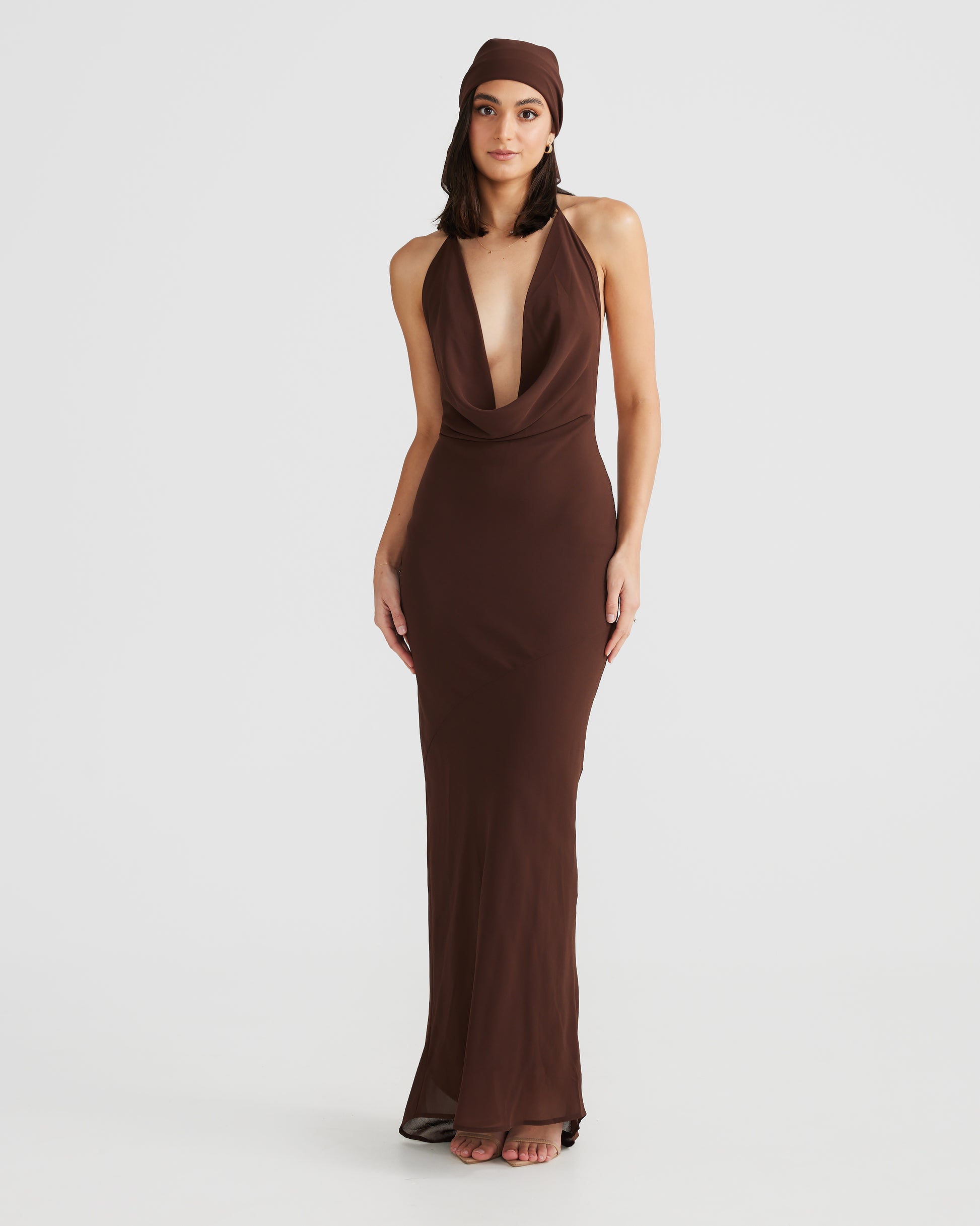 M LANI The Label LOPEZ Brown Cowl Neck Chiffon Backless Dress