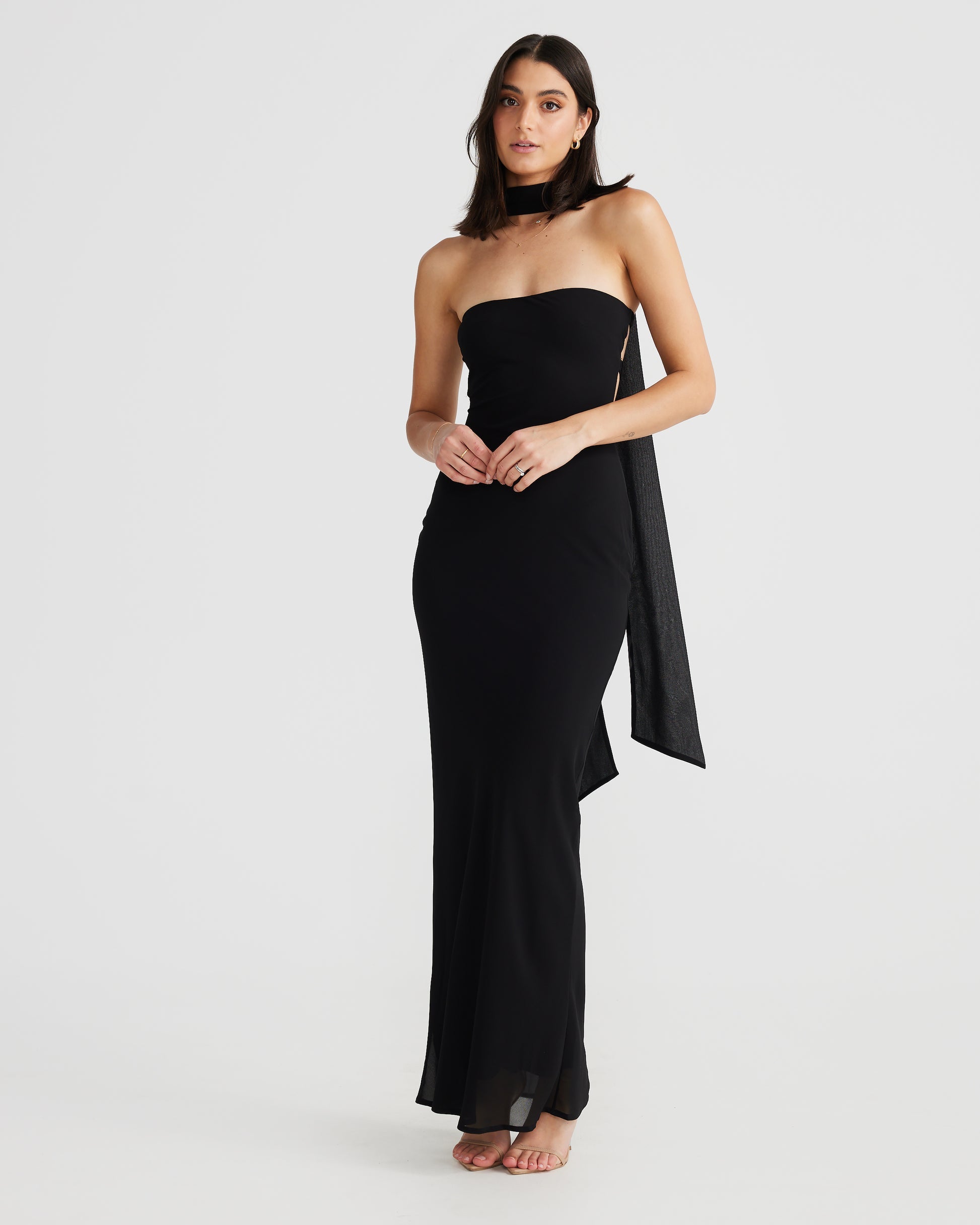 M LANI The Label VIKTORIA Black Strapless Chiffon Backless Dress