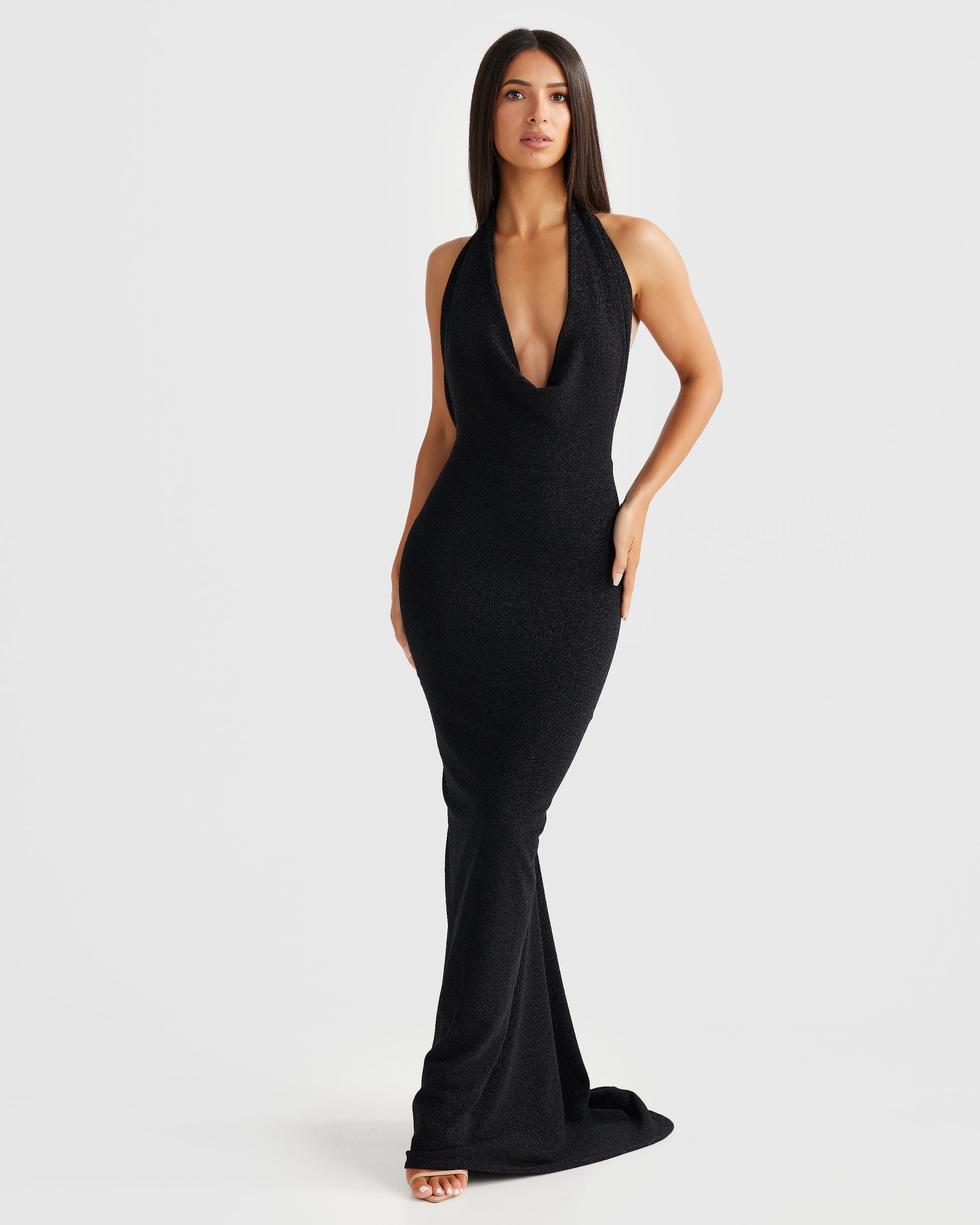 M LANI The Label MARIA Black Foil Cowl Neck Open Back Dress