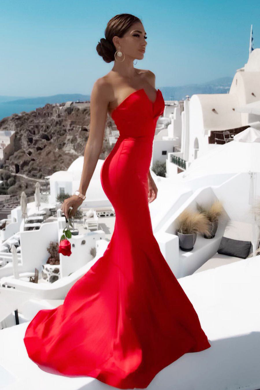 Strapless red satin clearance dress