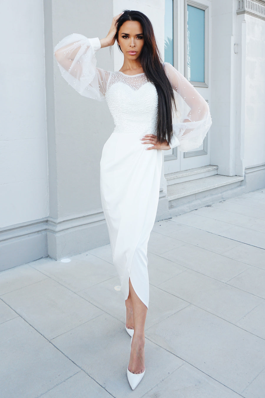 White dress clearance long sleeve midi