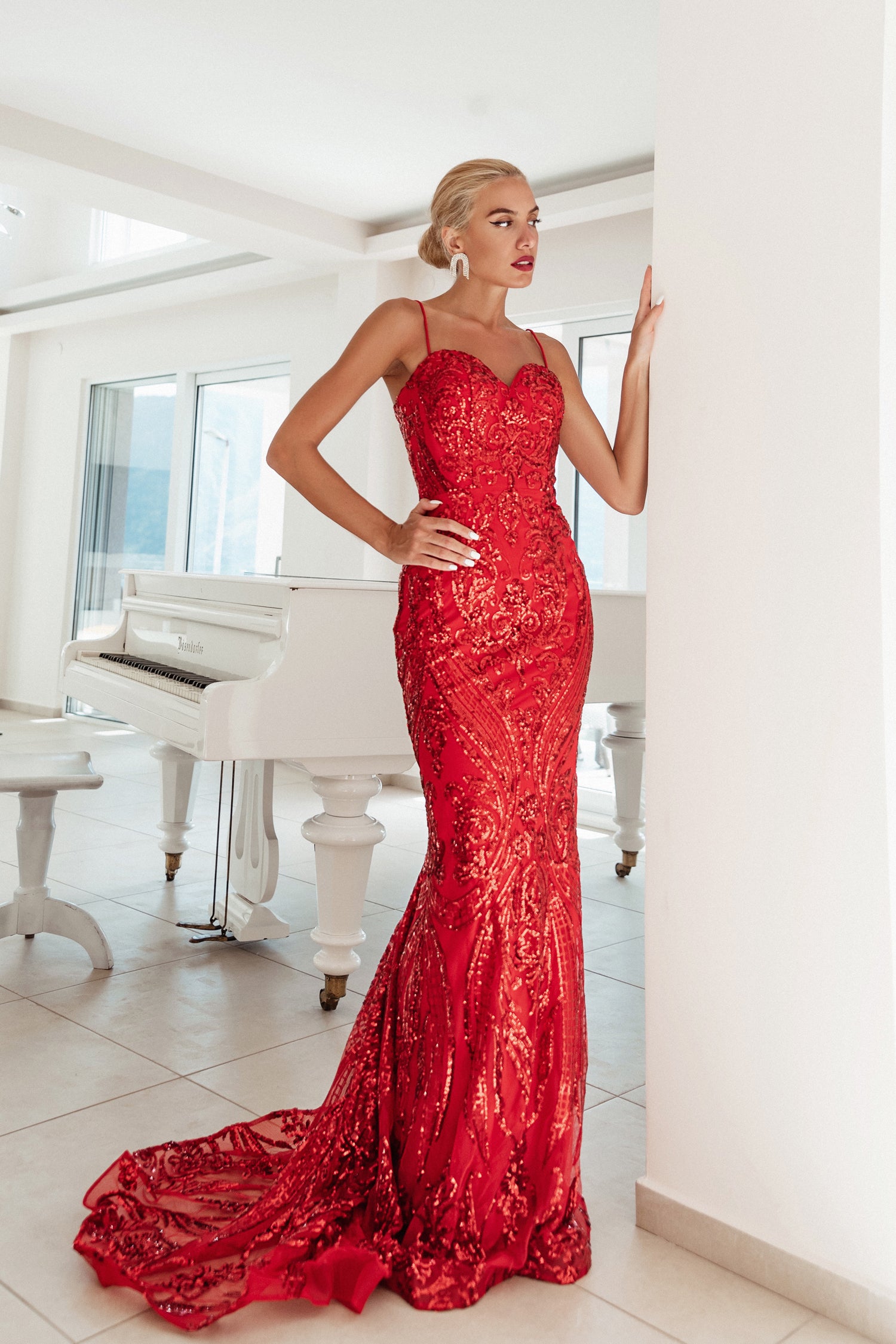 Tina Holly Couture BA999 Red Sequin Lace Mermaid Formal Dress