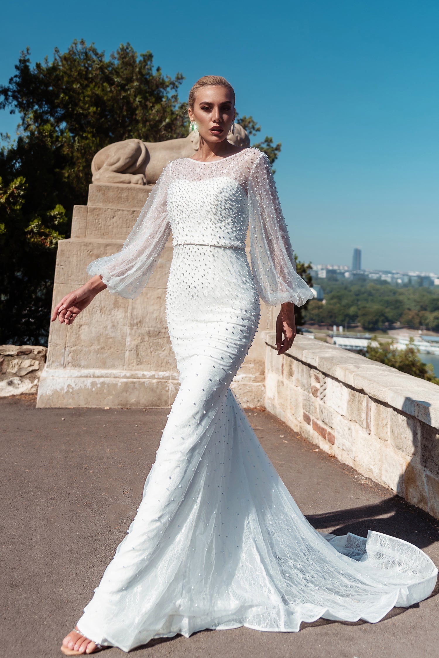 Tina Holly Couture BB016 Off White Mermaid Fitted With Pearls Sheer Long Sleeves Wedding Dress