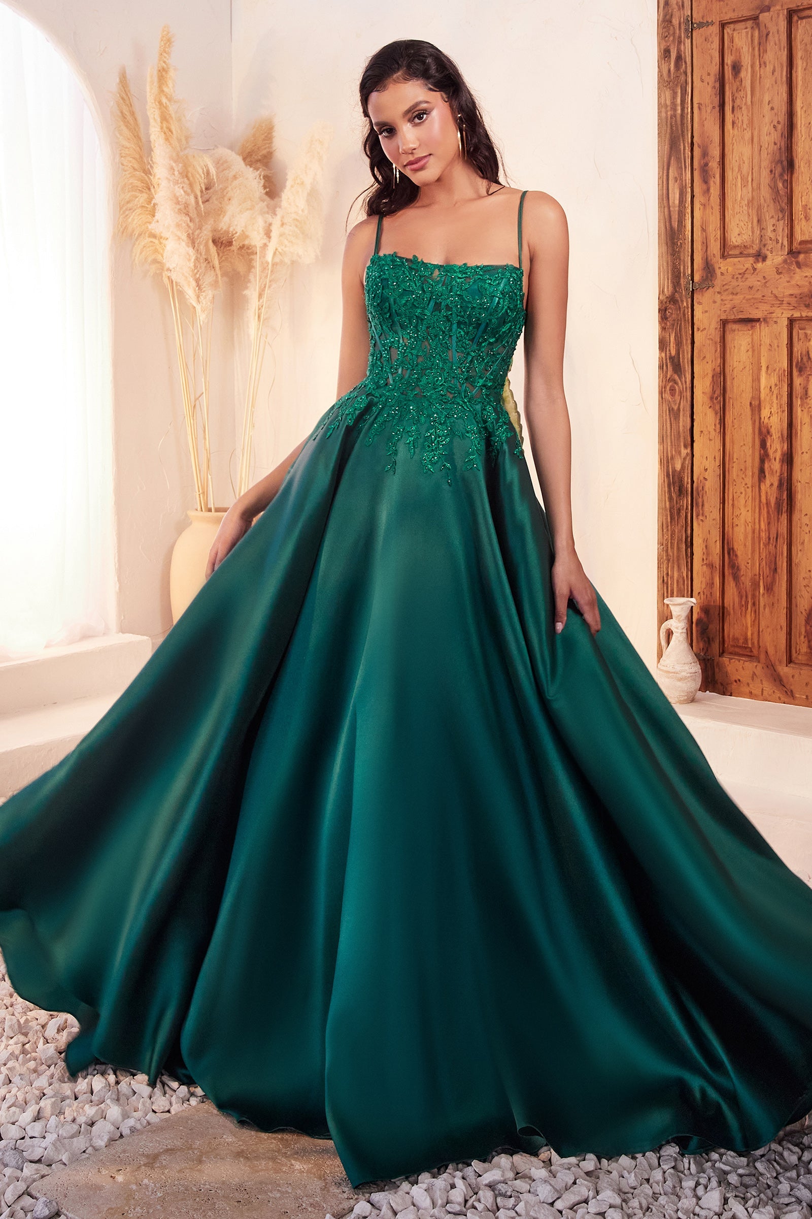 Emerald satin prom dress best sale