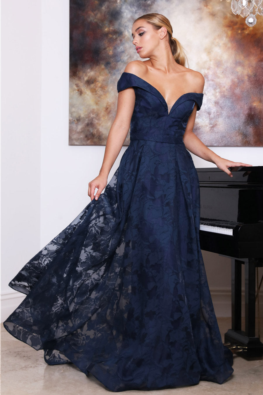 Midnight blue shop off shoulder gown