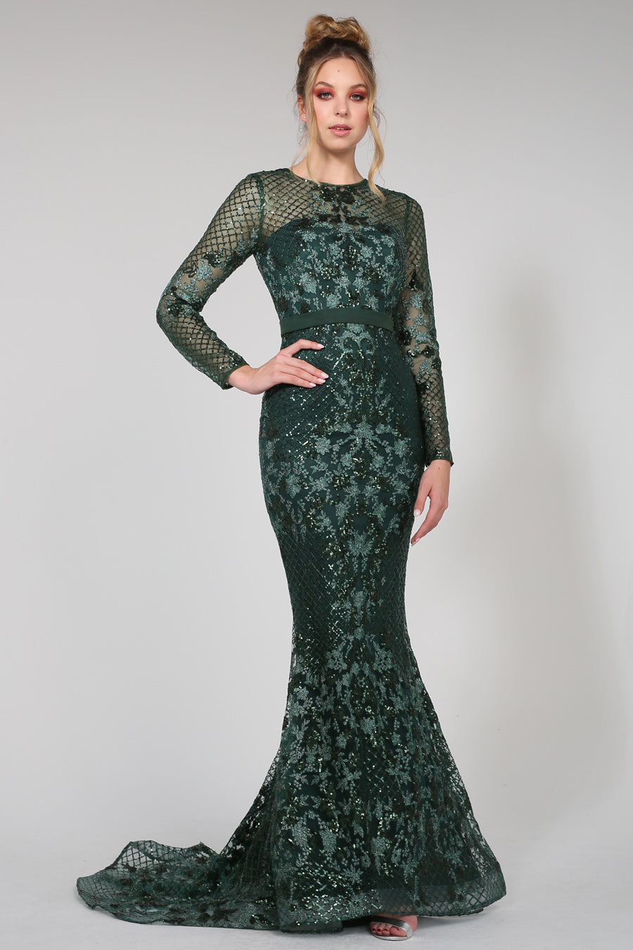 Tina Holly Couture TA139 Emerald Green Sequin Long Sleeve Mermaid Formal Dress