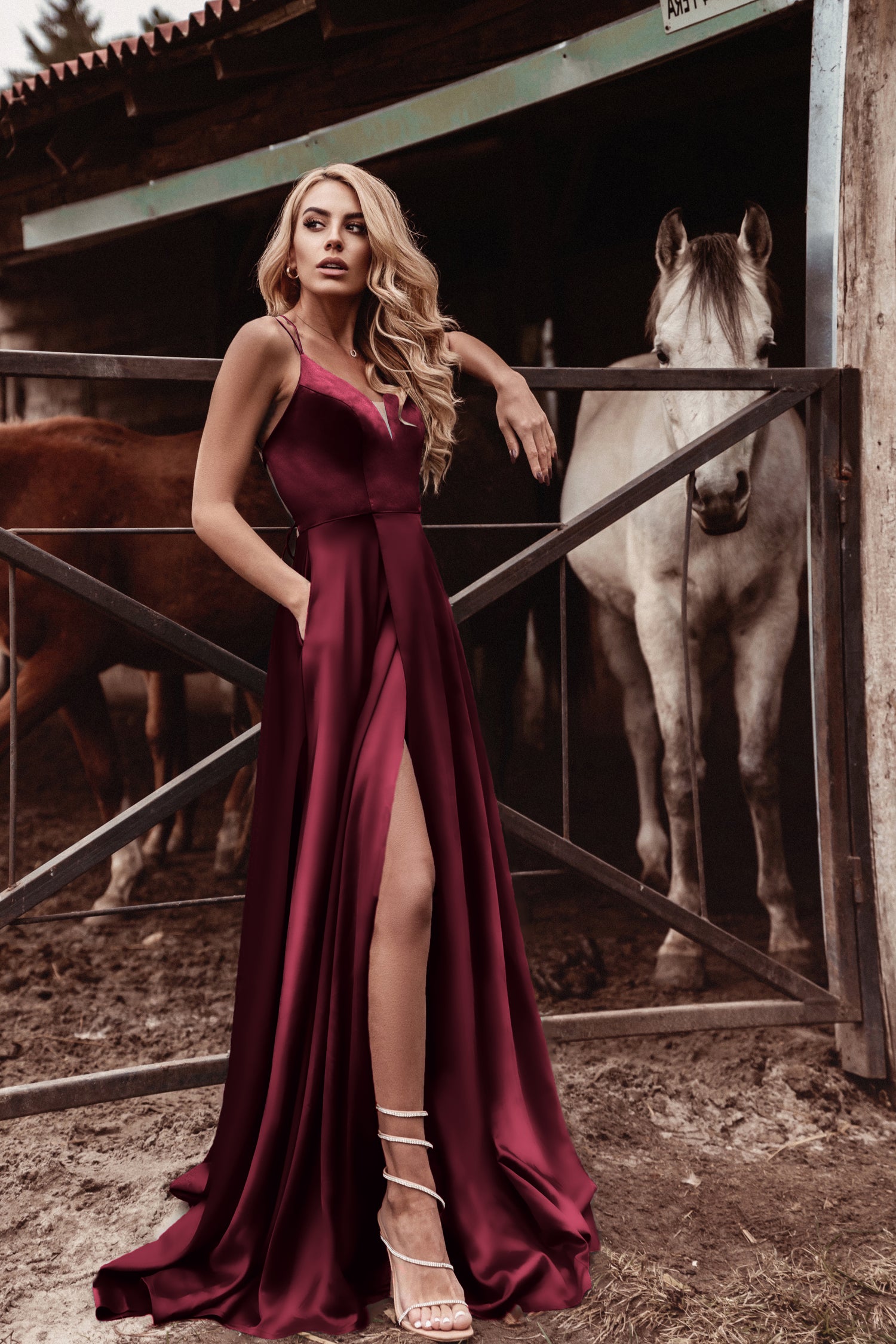 Burgundy satin hot sale formal dress