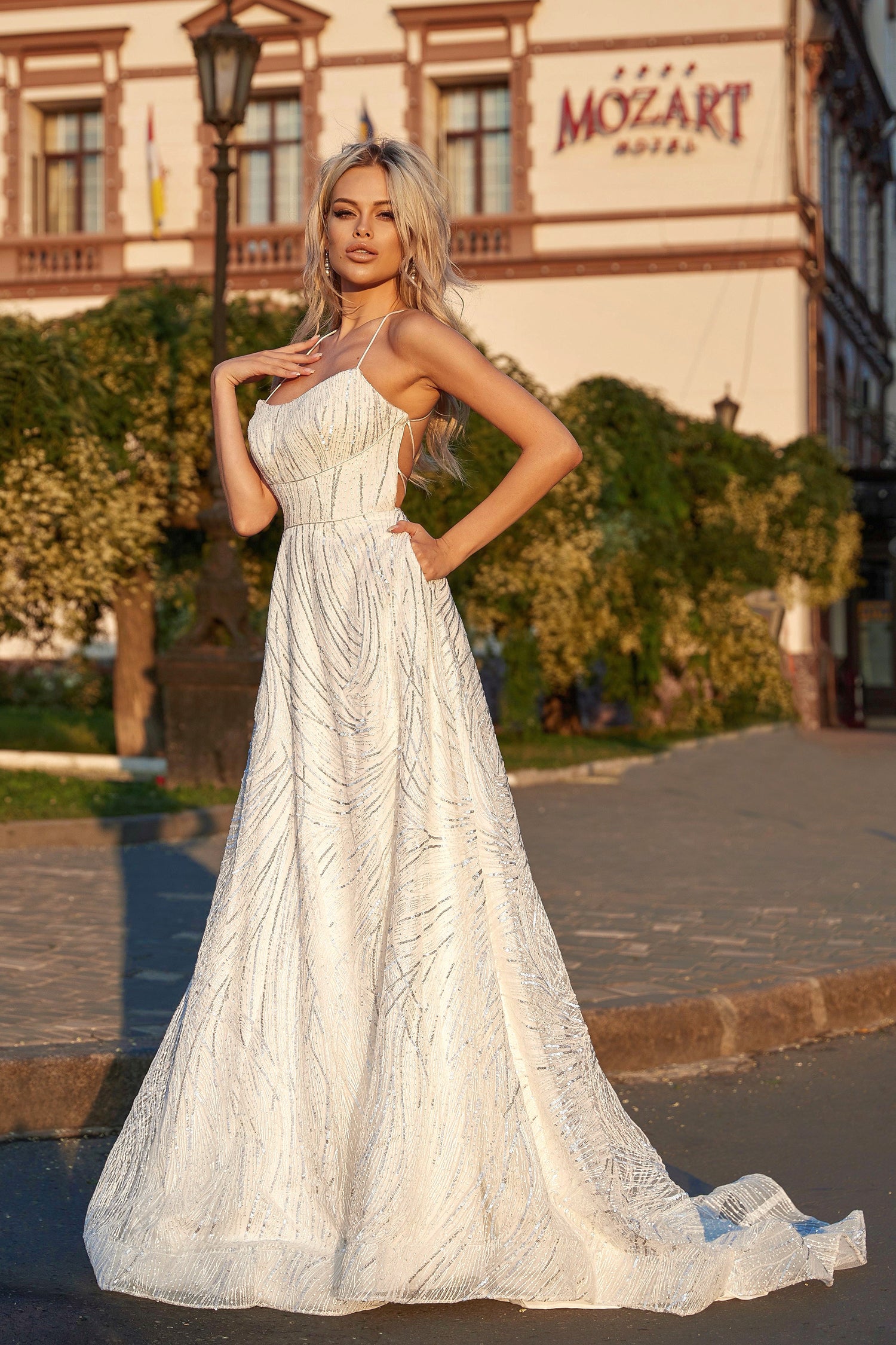 Tina Holly Couture TE321W Off White Lace Up Back With Sequins And Apro