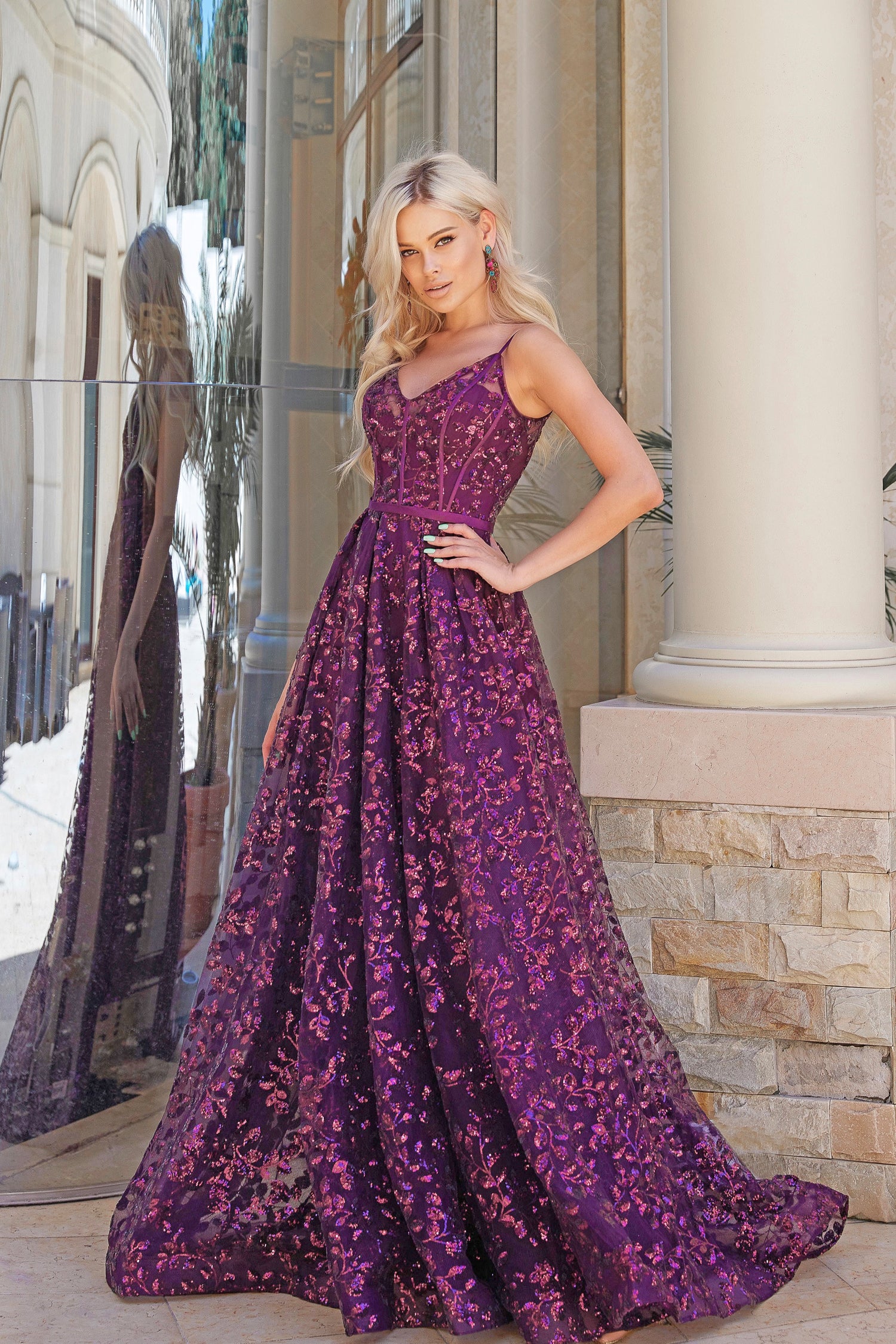 Tina Holly Couture TK069 Plum 3D Sequin A line Plunging Neckline Formal Dress