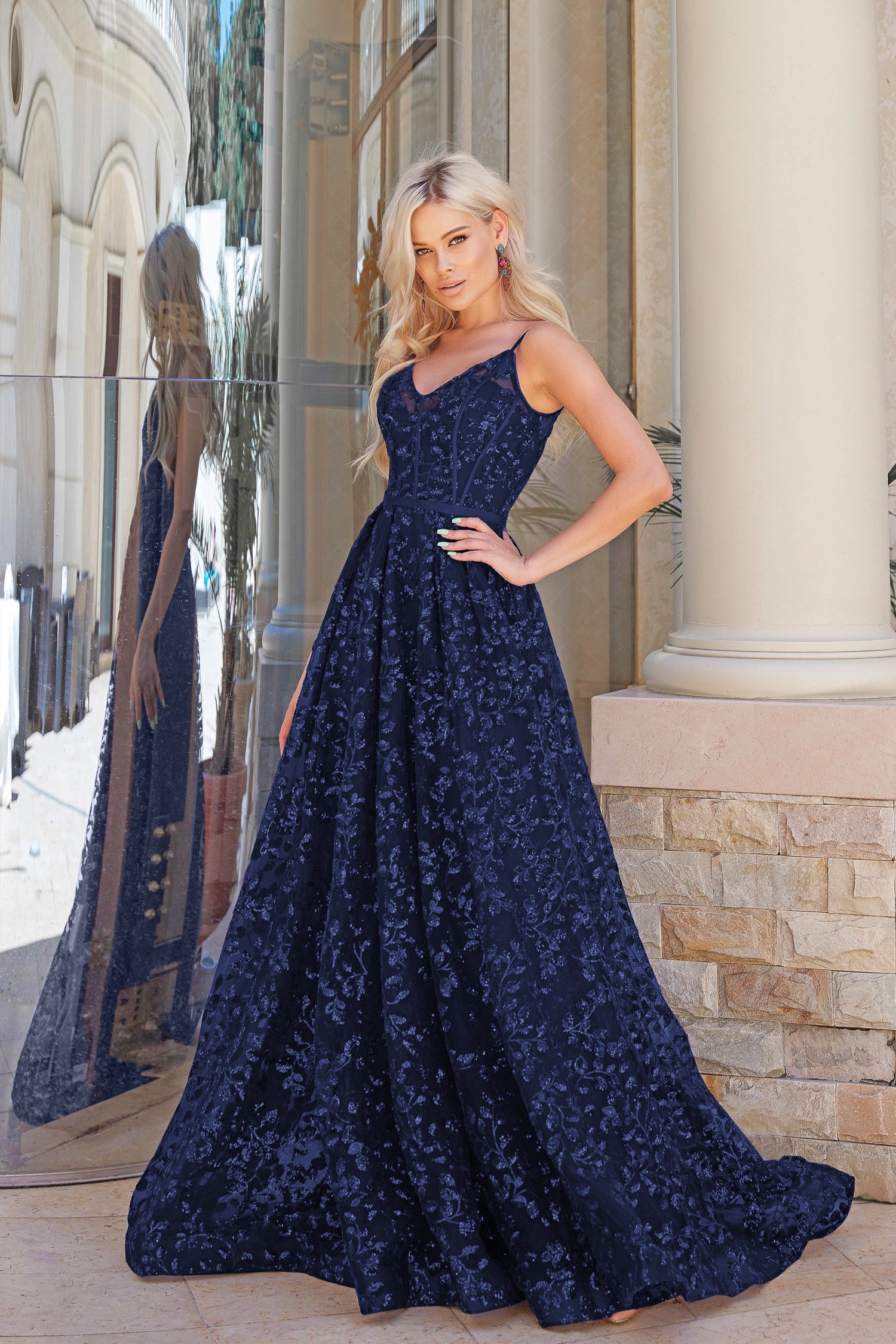 Tina Holly Couture TK069 Navy 3D Sequin A line Plunging Neckline Formal Dress