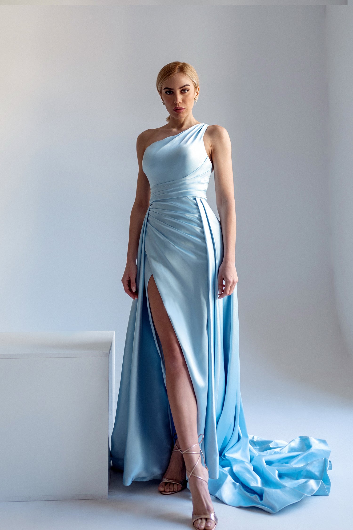 Tina Holly Couture TK888 Ice Blue Silk Satin Asymmetrical Neck Line Wi