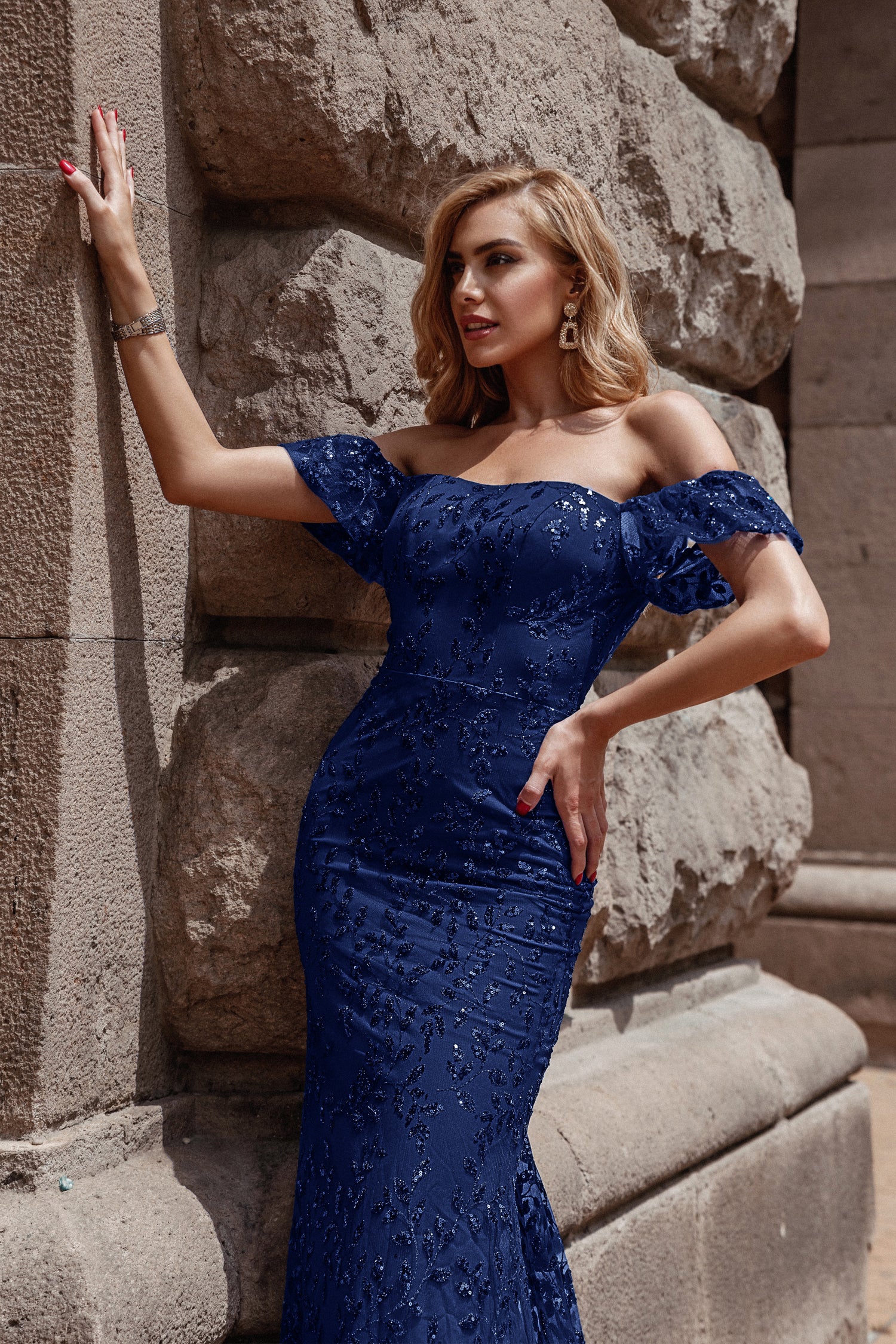 Navy lace off store the shoulder dress