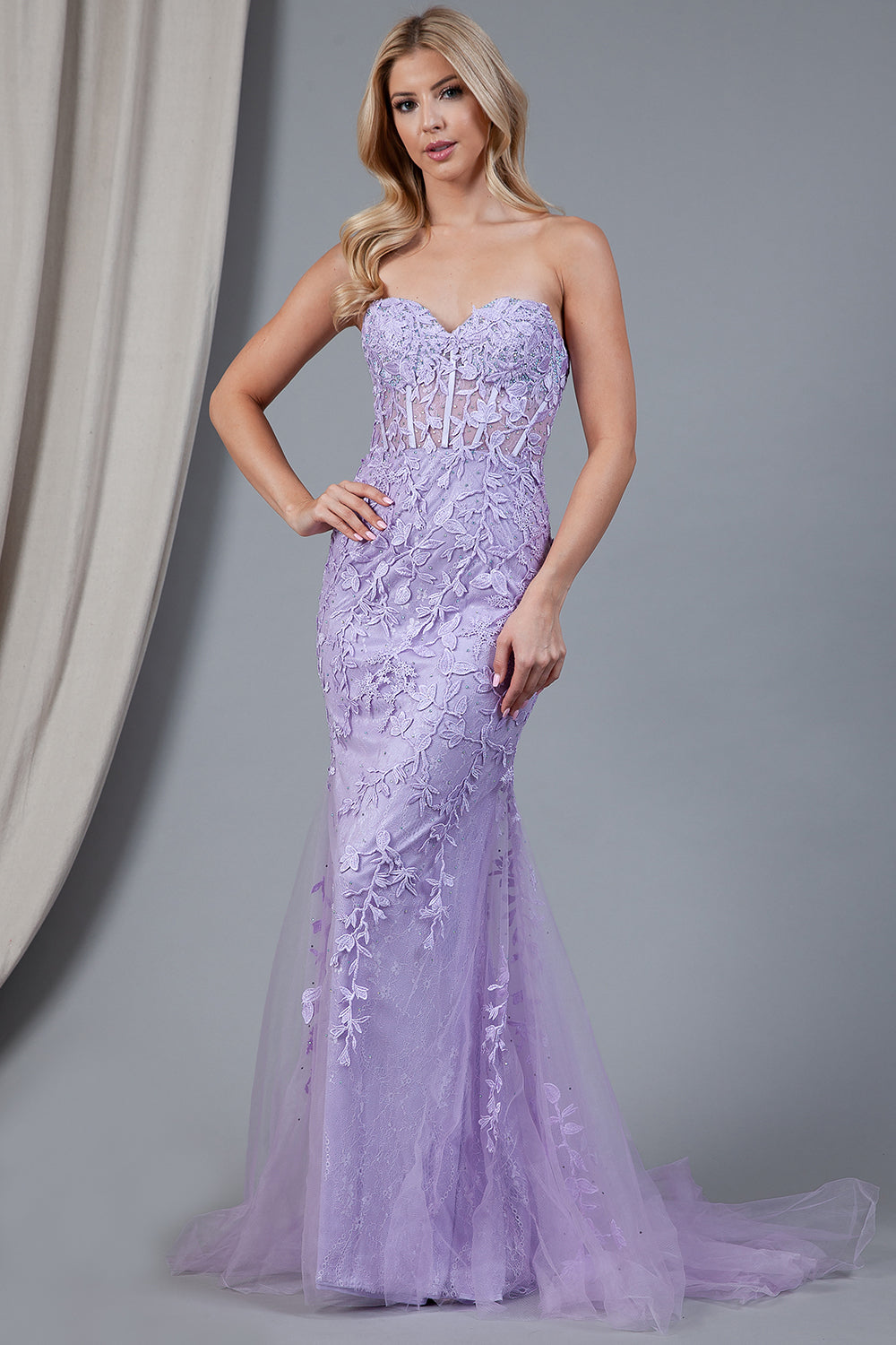 ORIANA Strapless Lace Flower Overlay Mermaid Prom & Formal Dress