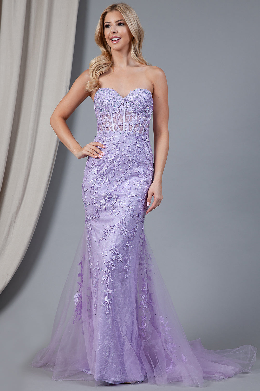 ORIANA Strapless Lace Flower Overlay Mermaid Prom & Formal Dress