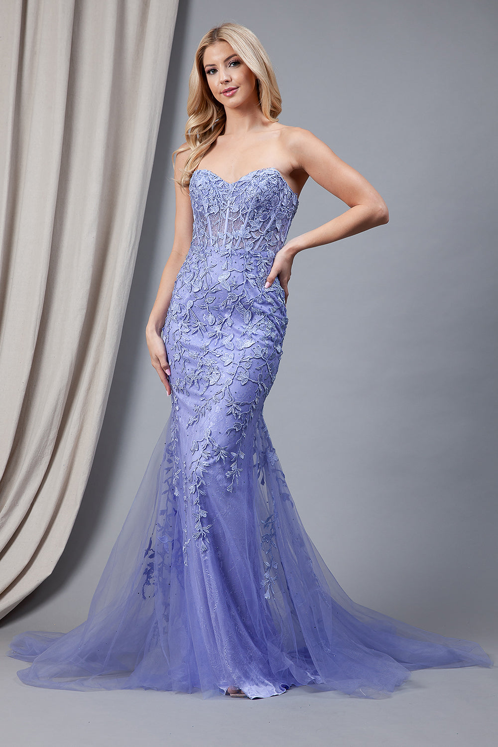 ORIANA Strapless Lace Flower Overlay Mermaid Prom & Formal Dress