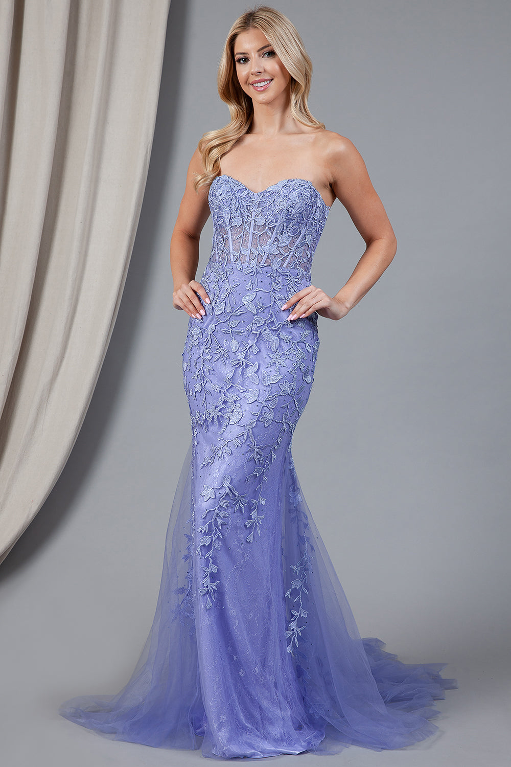 ORIANA Strapless Lace Flower Overlay Mermaid Prom & Formal Dress