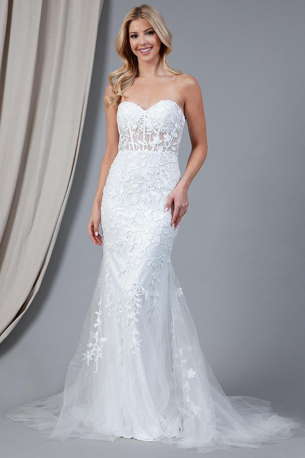 ORIANA White Bridal Strapless Lace Flower Overlay Wedding Dress