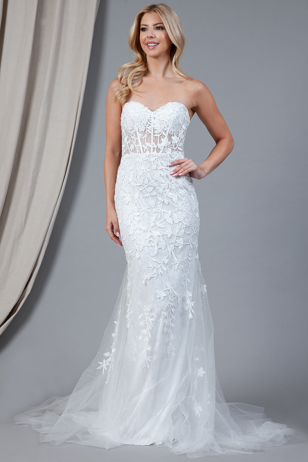 ORIANA White Bridal Strapless Lace Flower Overlay Wedding Dress