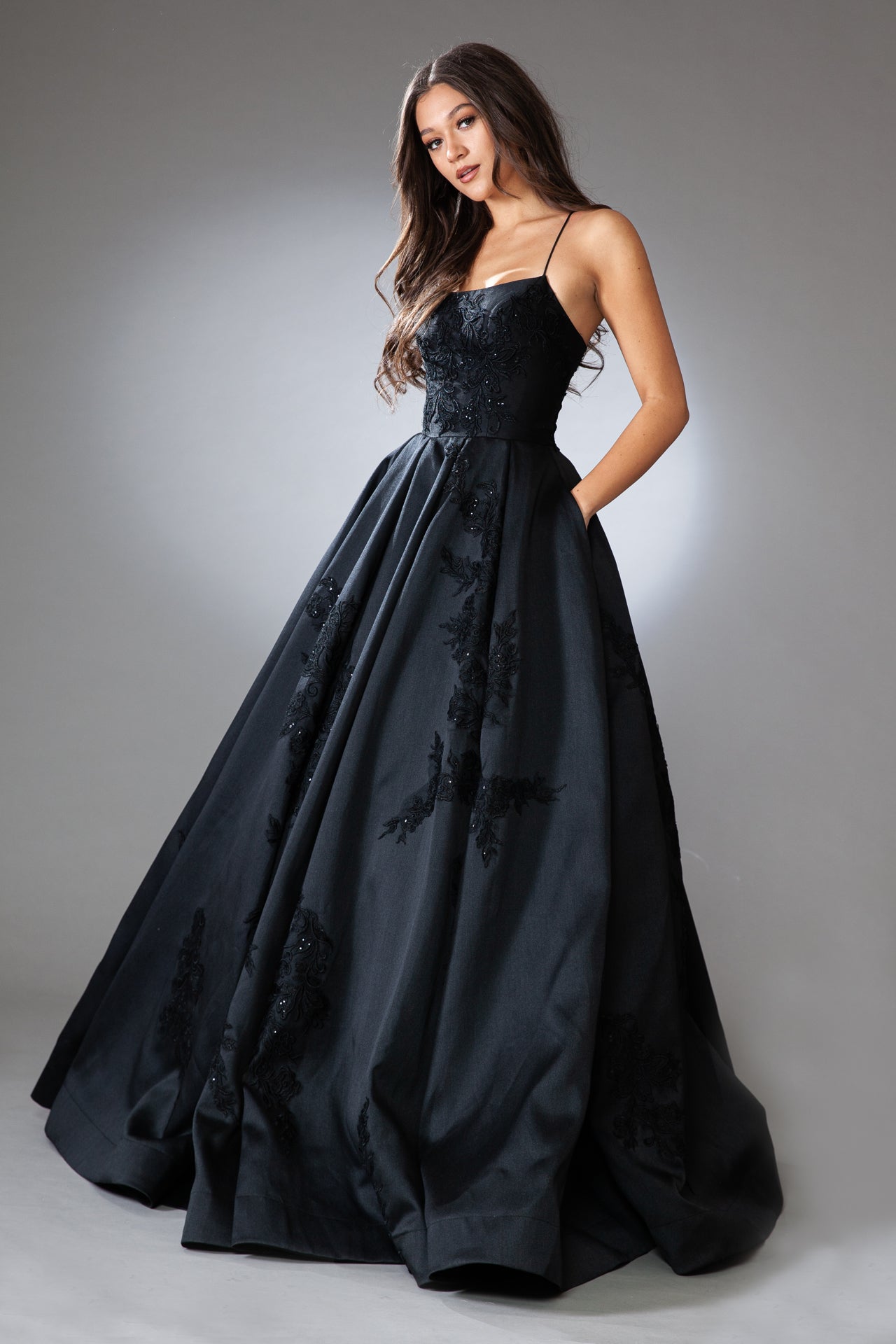 SUZI Satin Corset Back Lace Applique A Line Prom & Formal Dress