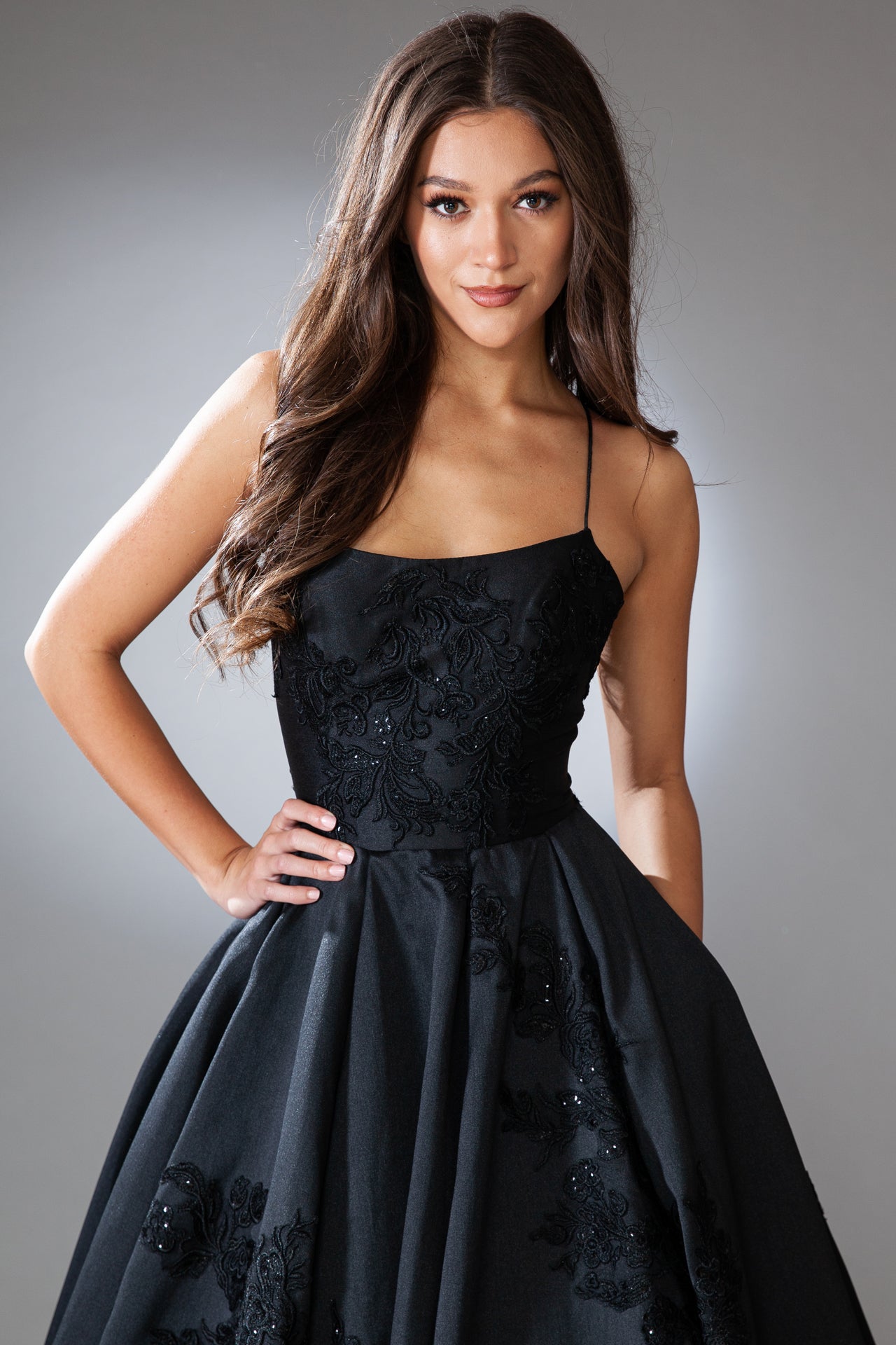 SUZI Satin Corset Back Lace Applique A Line Prom & Formal Dress