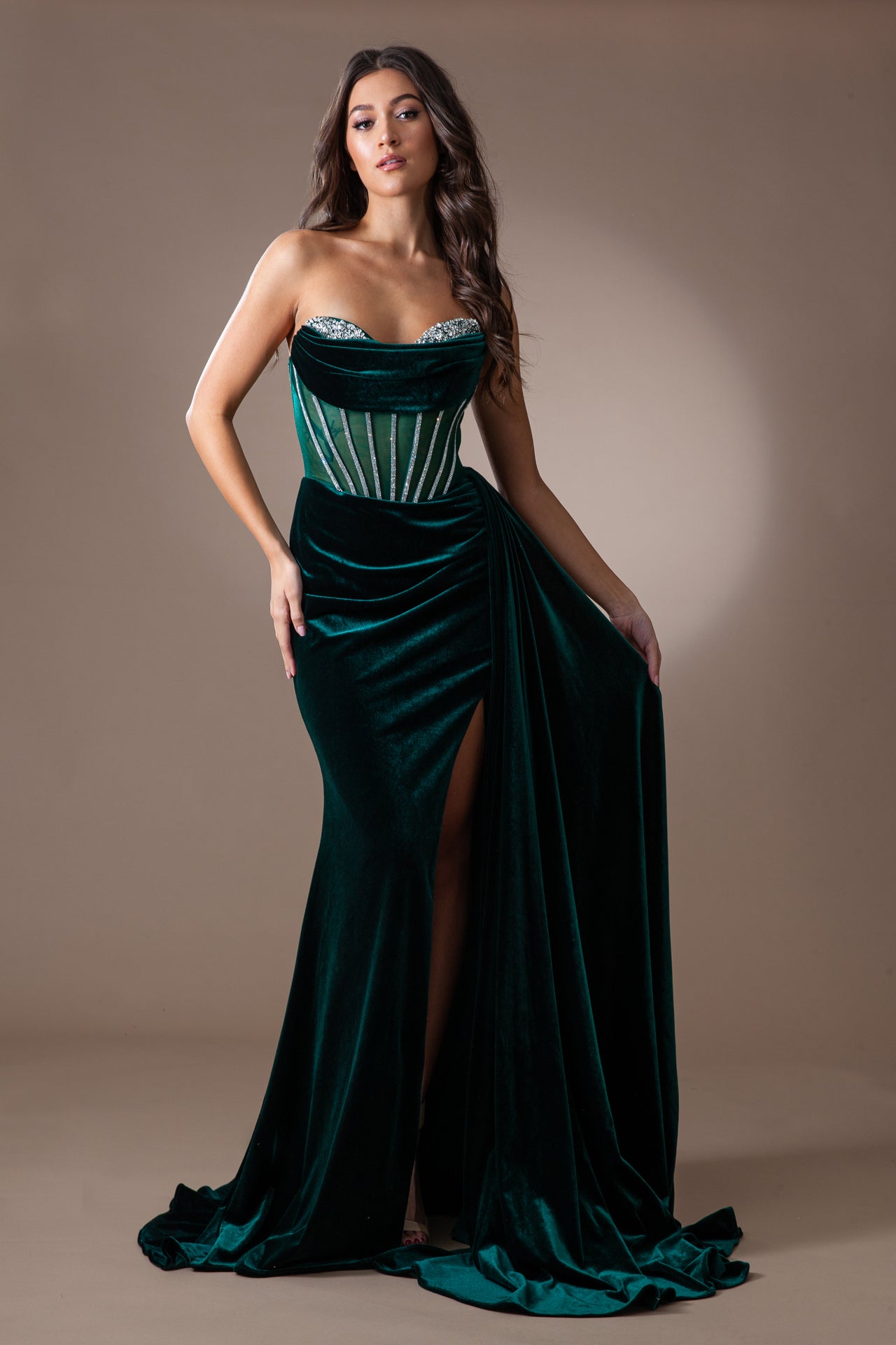 PRISCILLA Strapless Velvet Crystal Corset Prom & Formal Dress