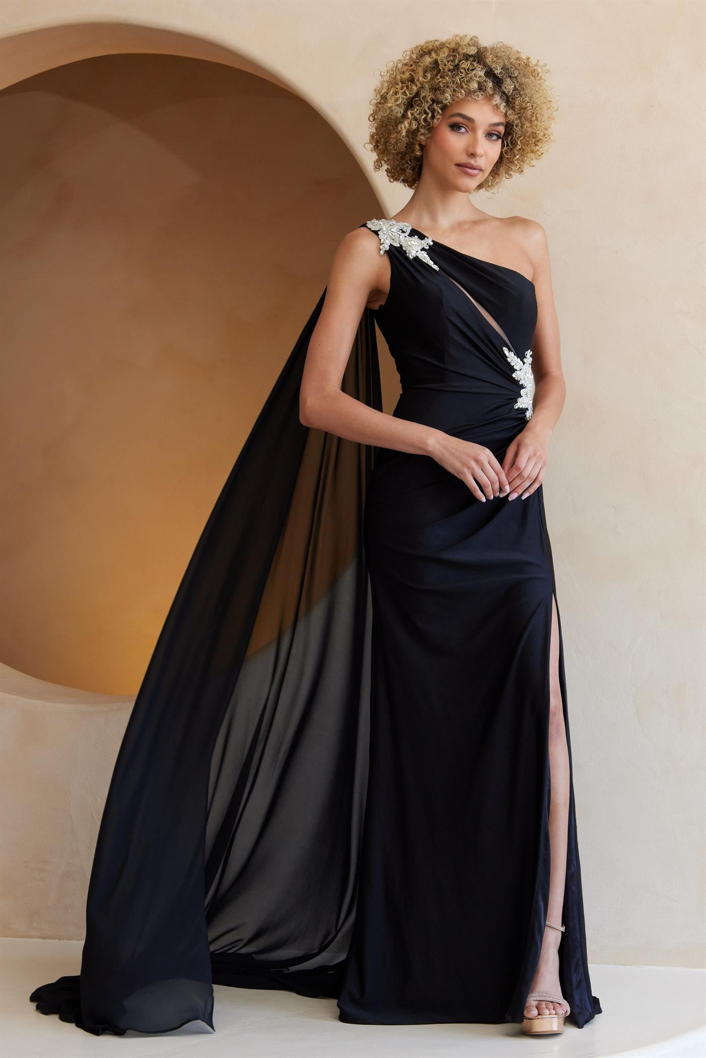 JUNIA One Shoulder Shawl Feature Fitted Prom & Formal Dress