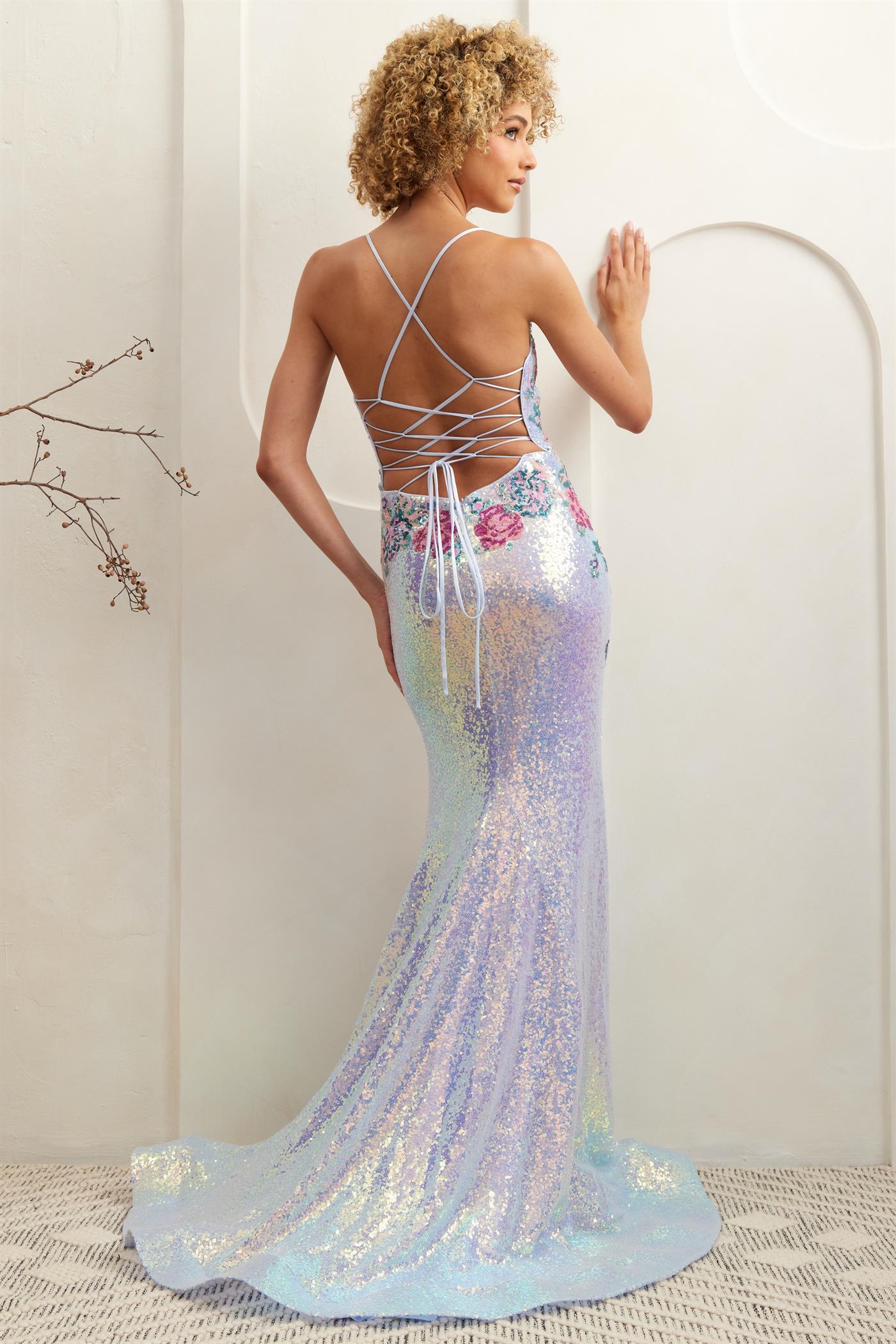 LEORA Sequin Shimmer Roses Mermaid Corset Prom & Formal Dress