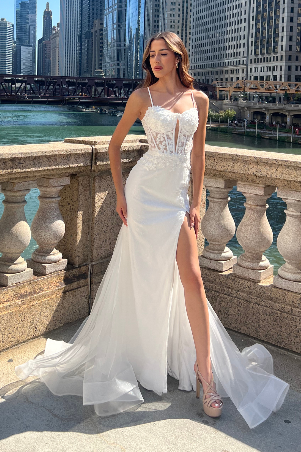 CHANNARY White Applique Feature Fitted Mesh Mermaid Bridal & Wedding Dress