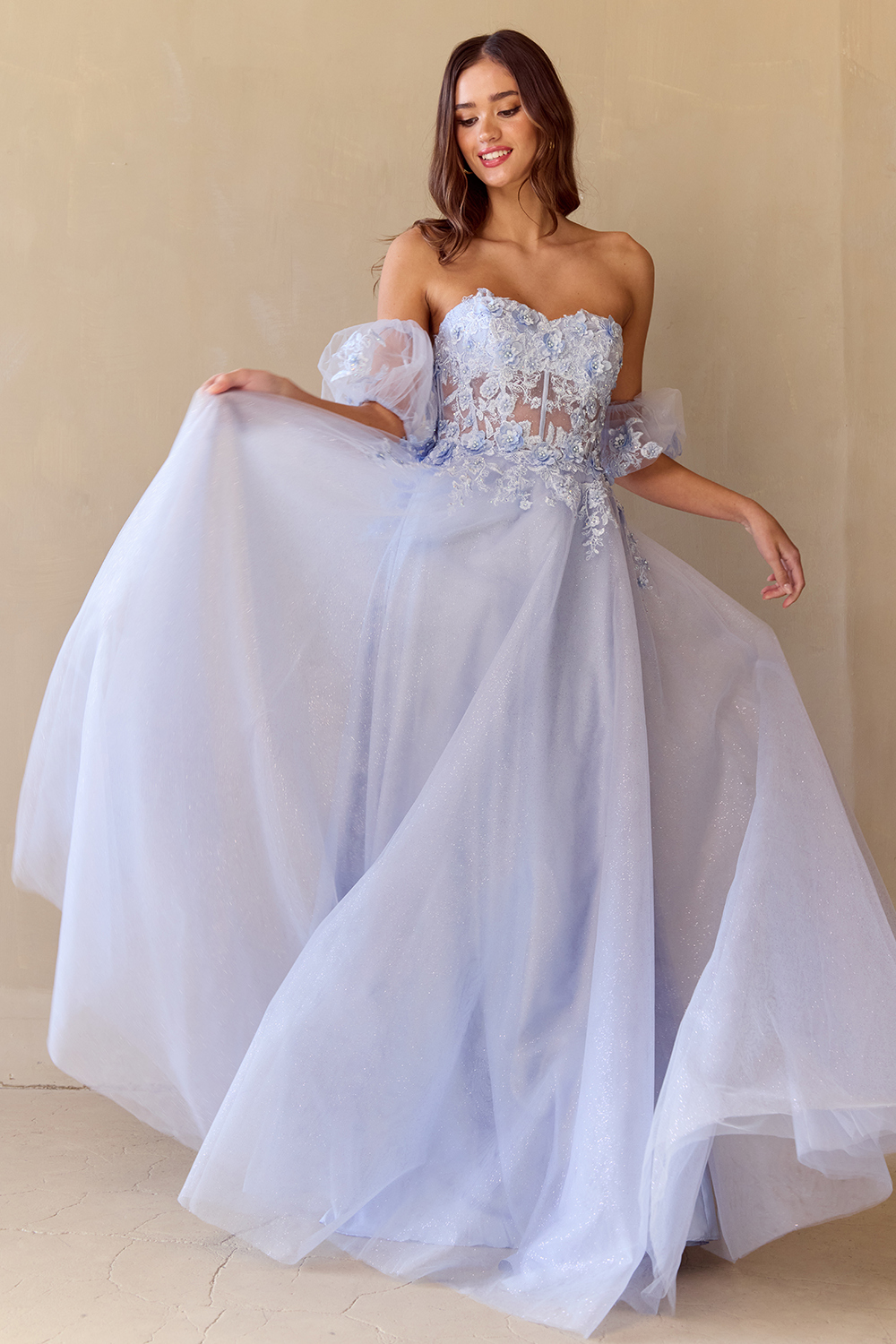 MERIDIA Strapless Puff Sleeve Lace Tulle A Line Prom & Formal Dress