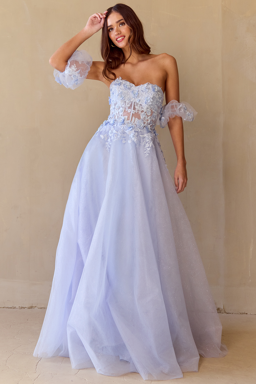 MERIDIA Strapless Puff Sleeve Lace Tulle A Line Prom & Formal Dress