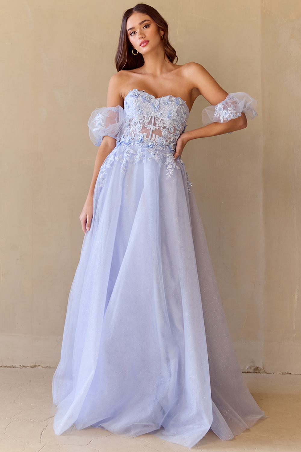 MERIDIA Strapless Puff Sleeve Lace Tulle A Line Prom & Formal Dress