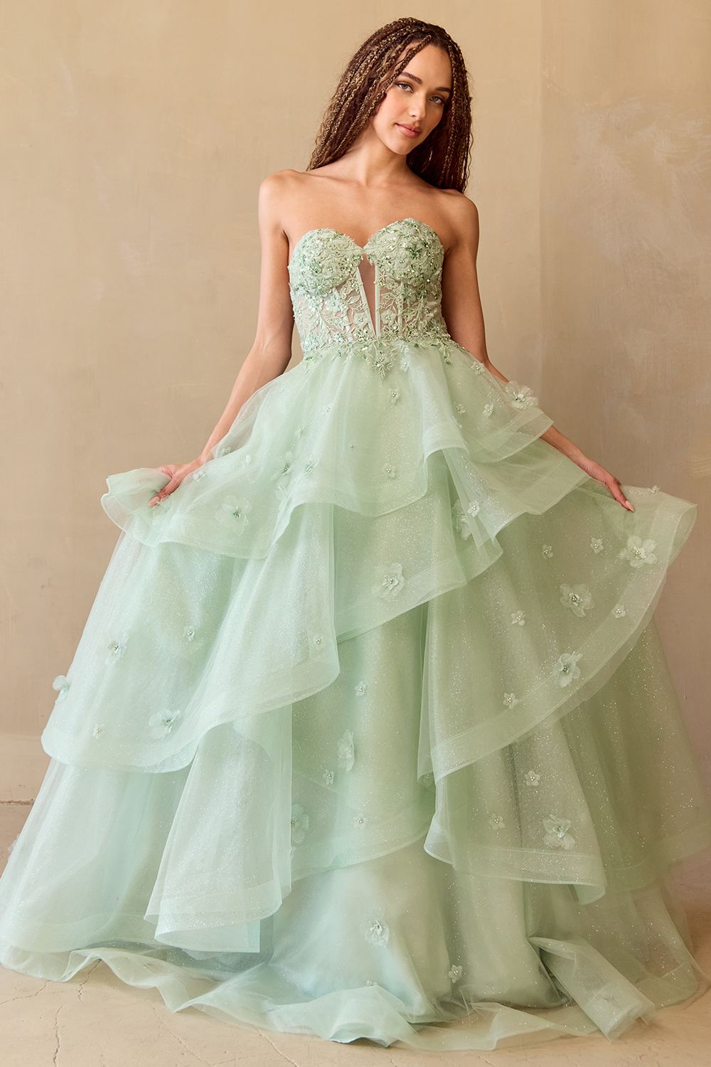 NGIAO Strapless Beaded Applique Tulle Layered Prom & Formal Dress