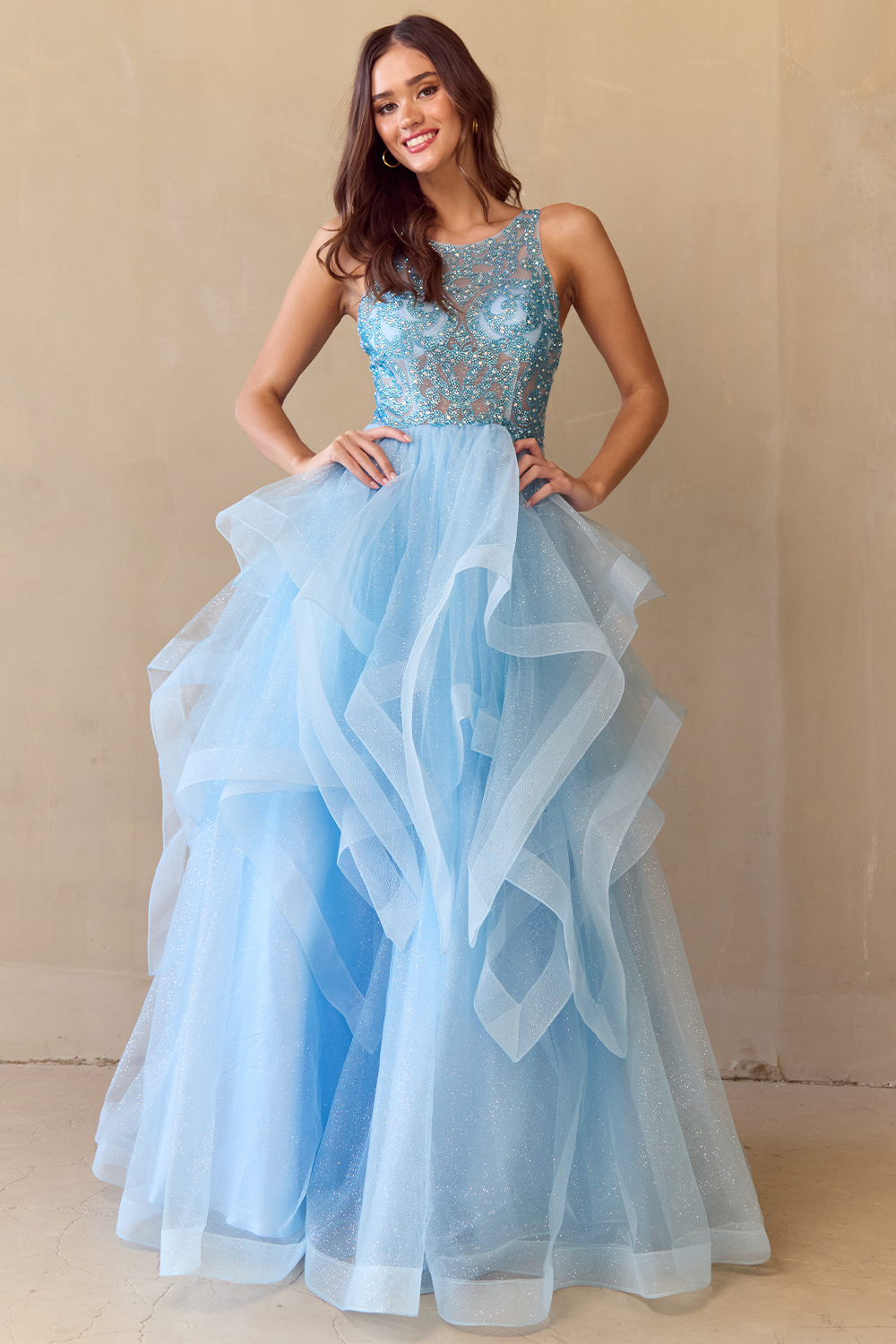 YAWAN Sequin Bodice Tulle Layered A Line Prom & Formal Dress