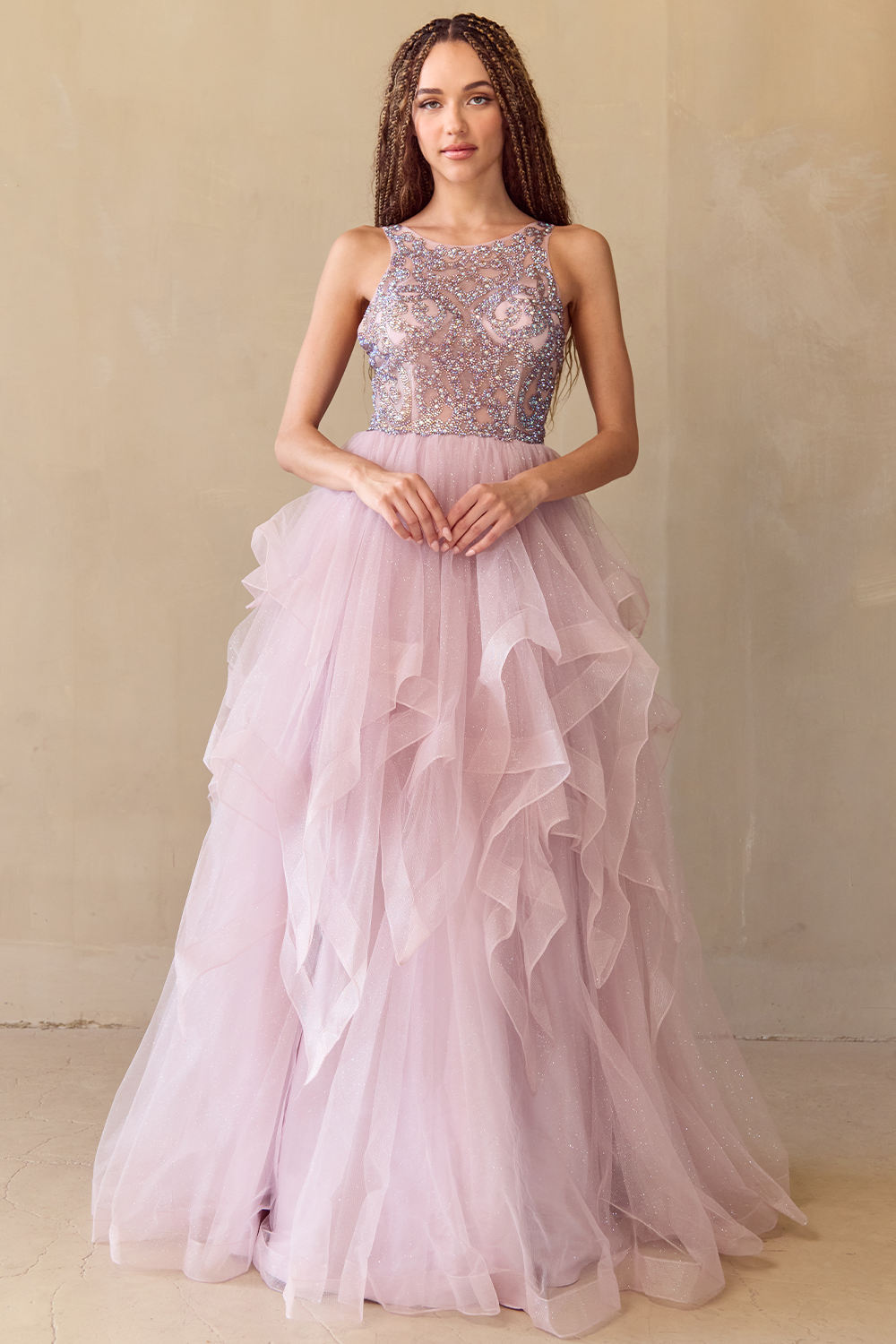 YAWAN Sequin Bodice Tulle Layered A Line Prom & Formal Dress