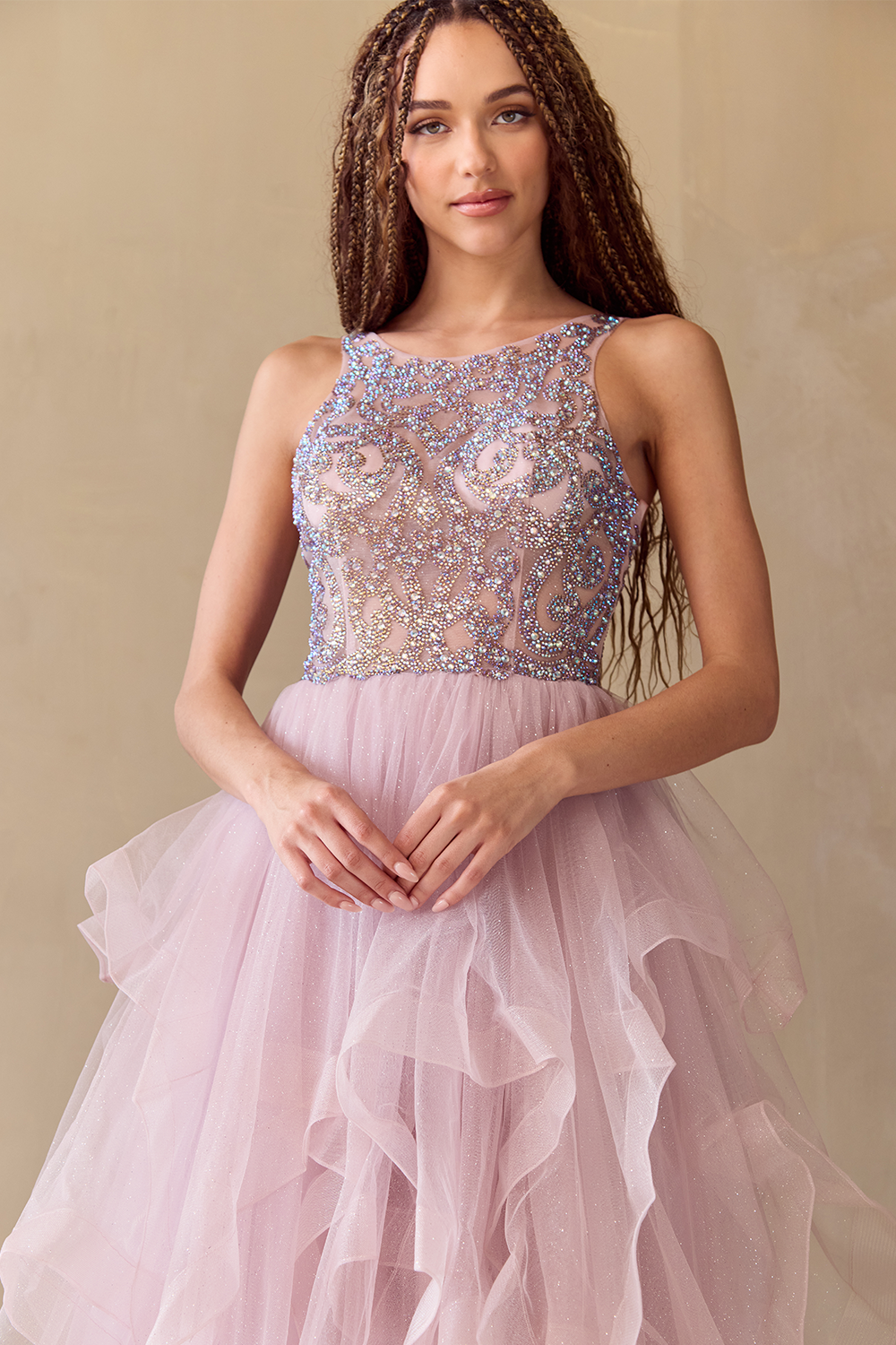 YAWAN Sequin Bodice Tulle Layered A Line Prom & Formal Dress