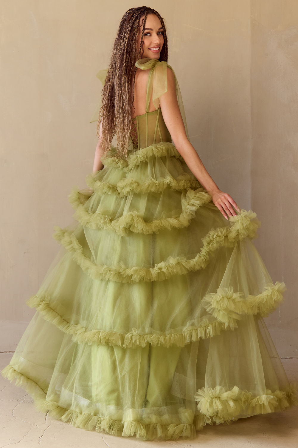 SARELLA Crystal Bodice Bow Feature Tulle Layered A Line Prom & Formal Dress