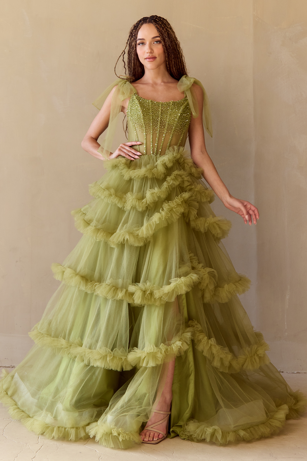 SARELLA Crystal Bodice Bow Feature Tulle Layered A Line Prom & Formal Dress