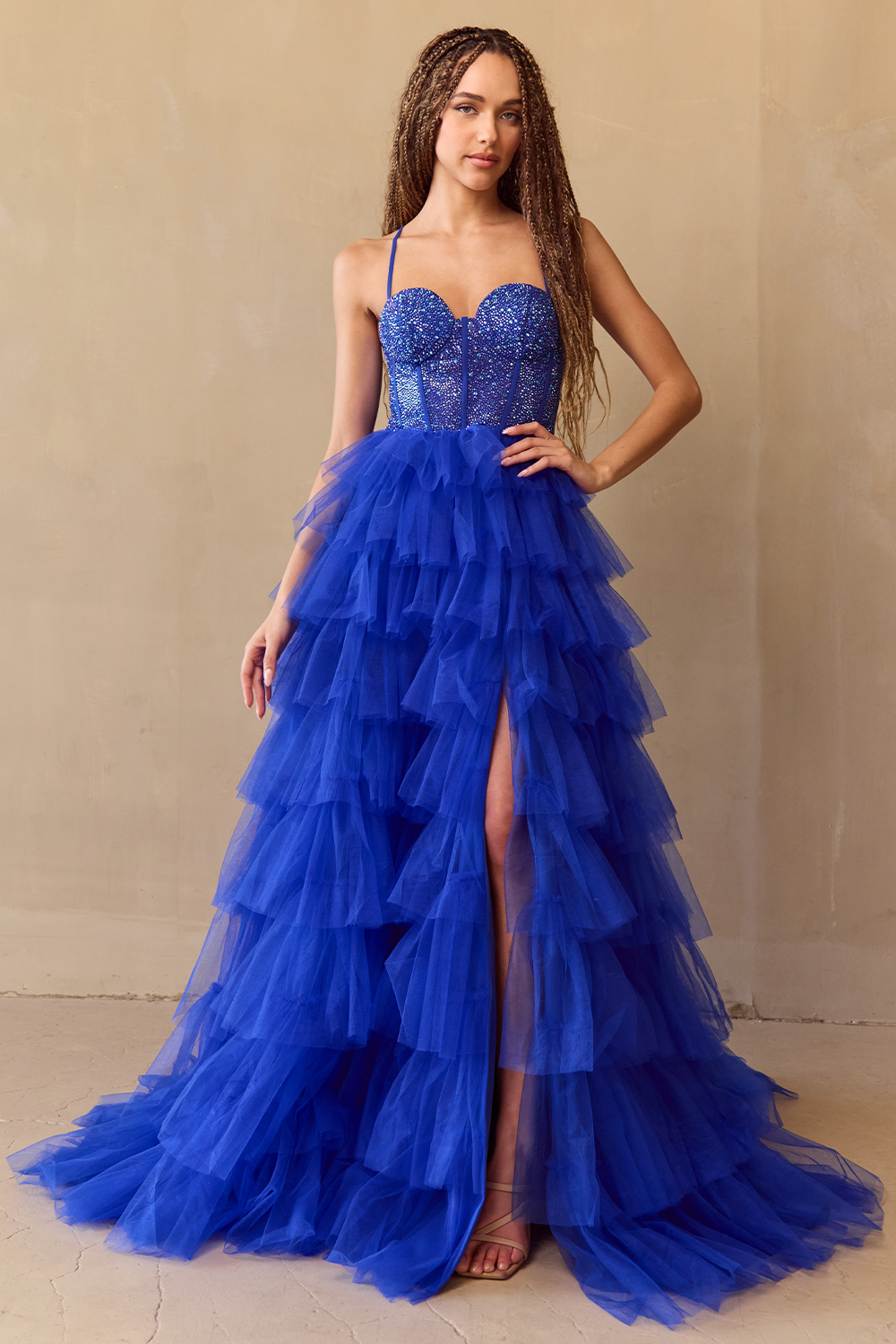 JI Crystal Bodice Tulle Layered A Line Prom & Formal Dress