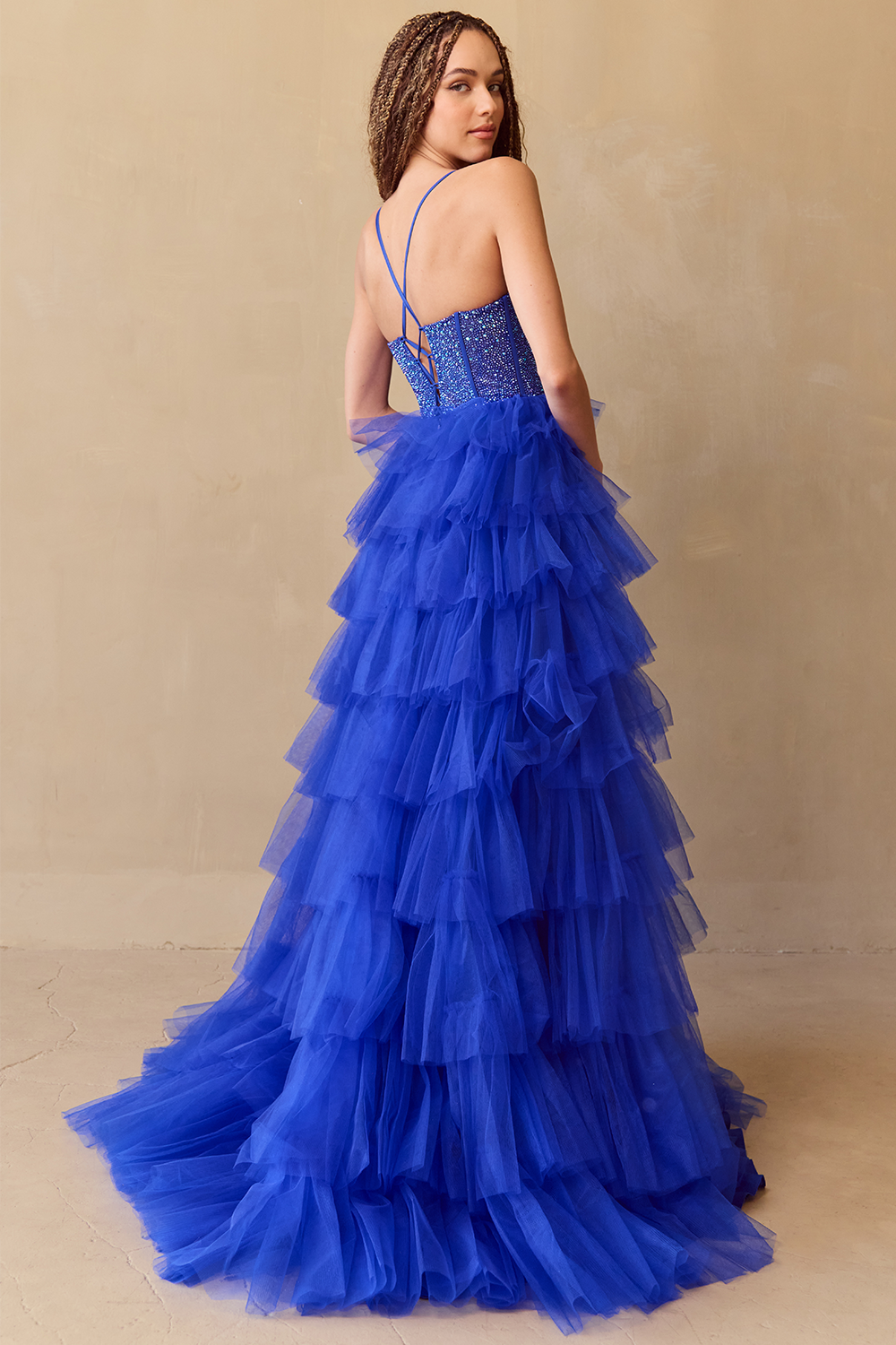 JI Crystal Bodice Tulle Layered A Line Prom & Formal Dress