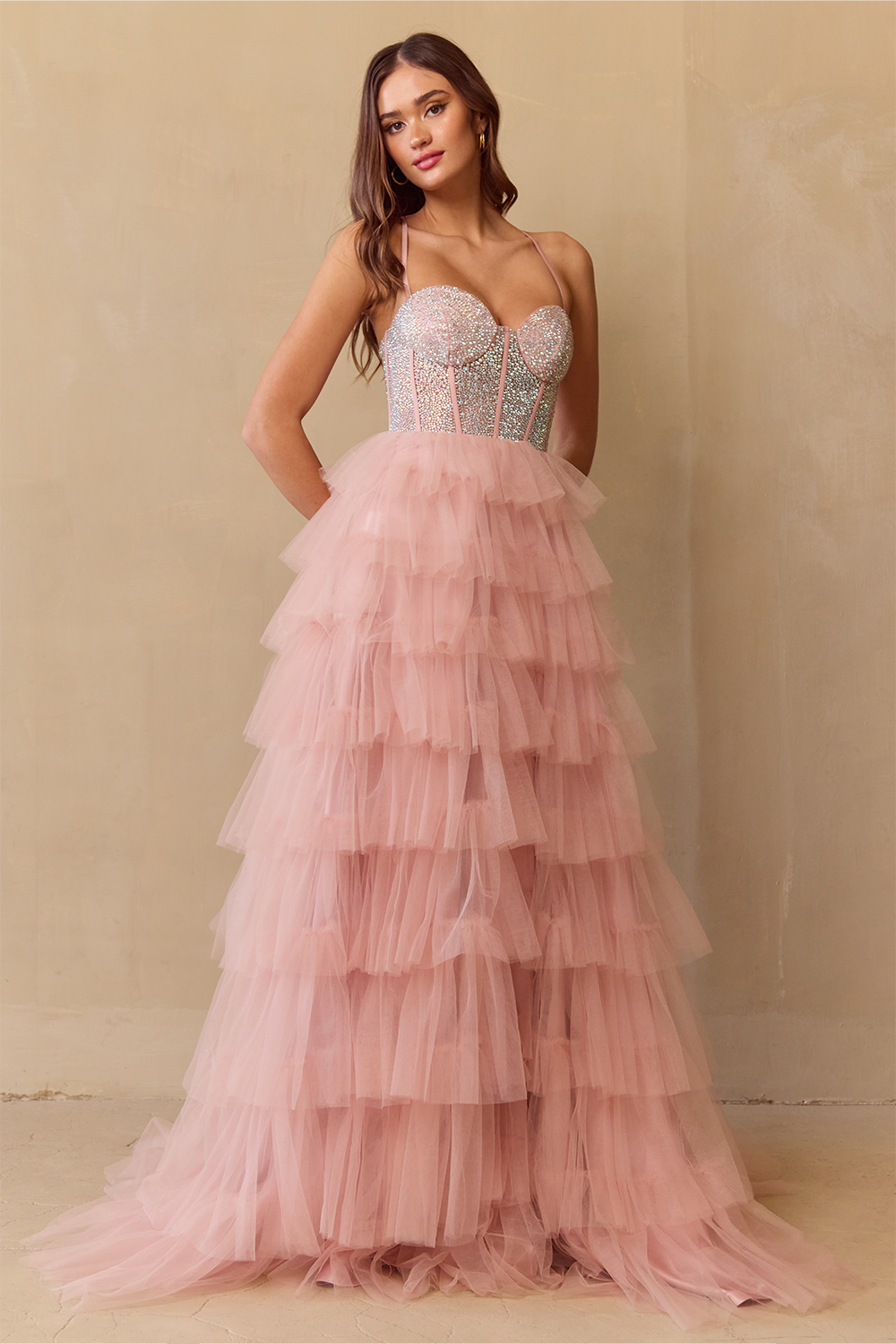 JI Crystal Bodice Tulle Layered A Line Prom & Formal Dress